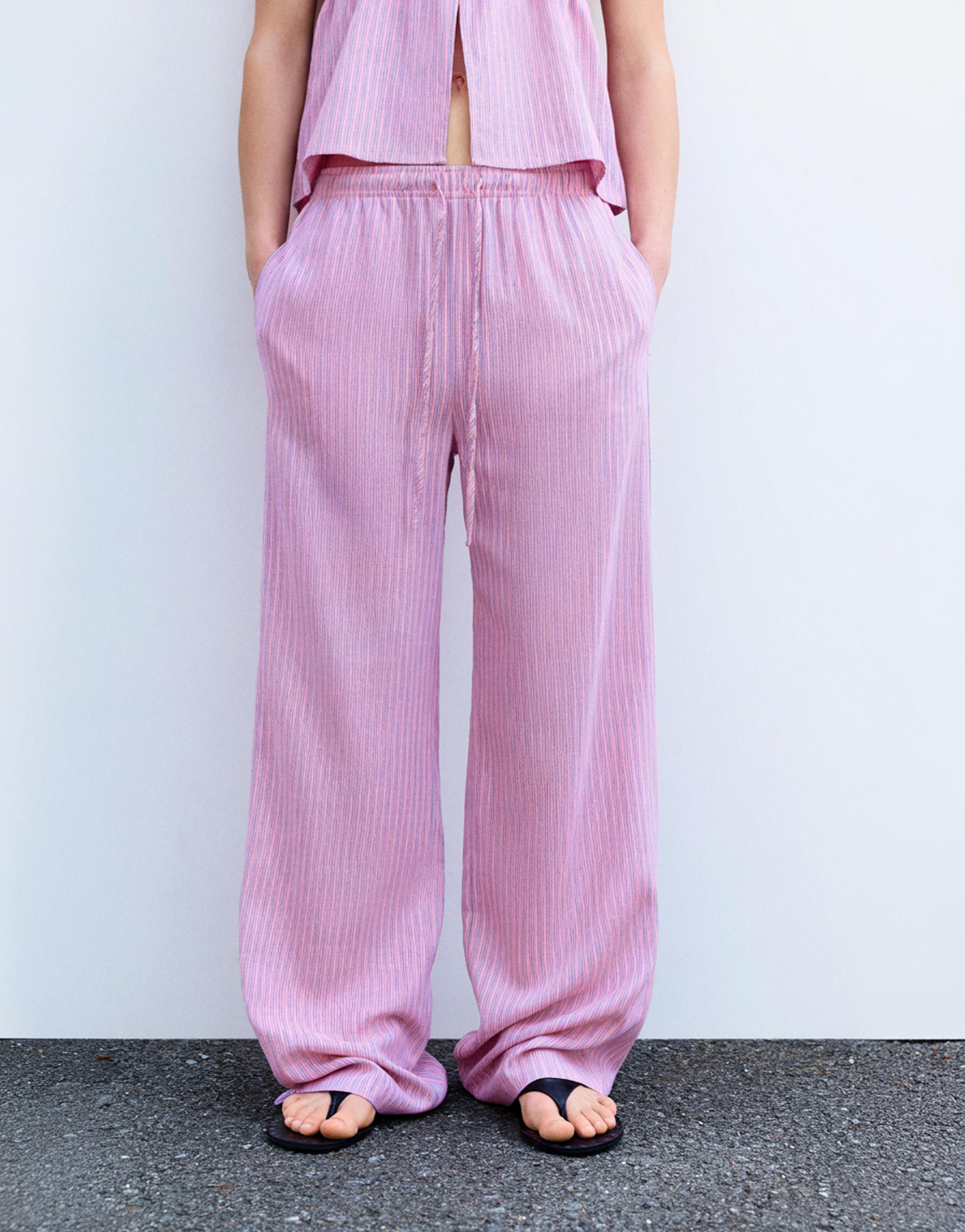 Striped pyjama-style trousers with linen — Pink