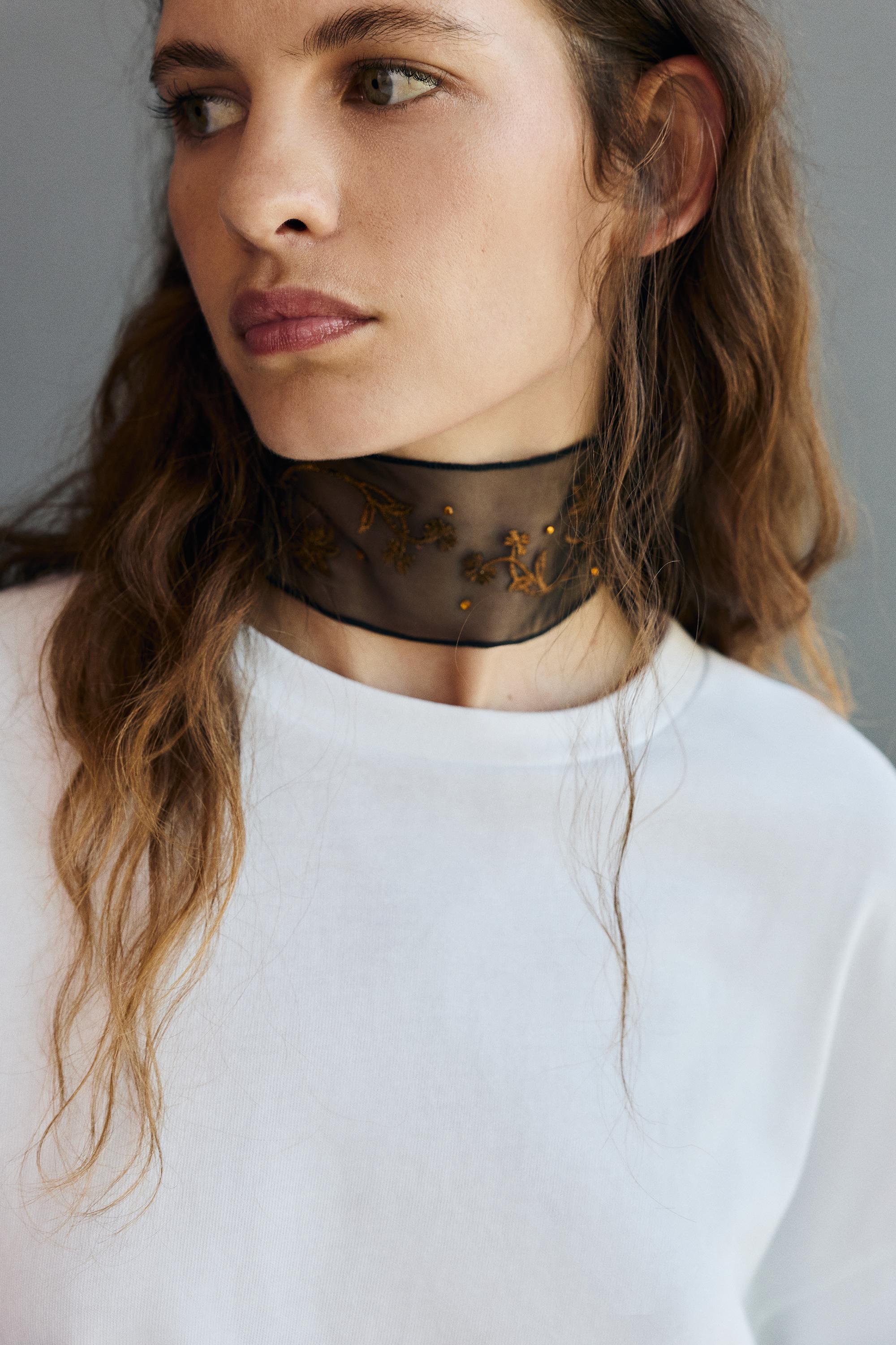 Embroidered tulle choker — Black