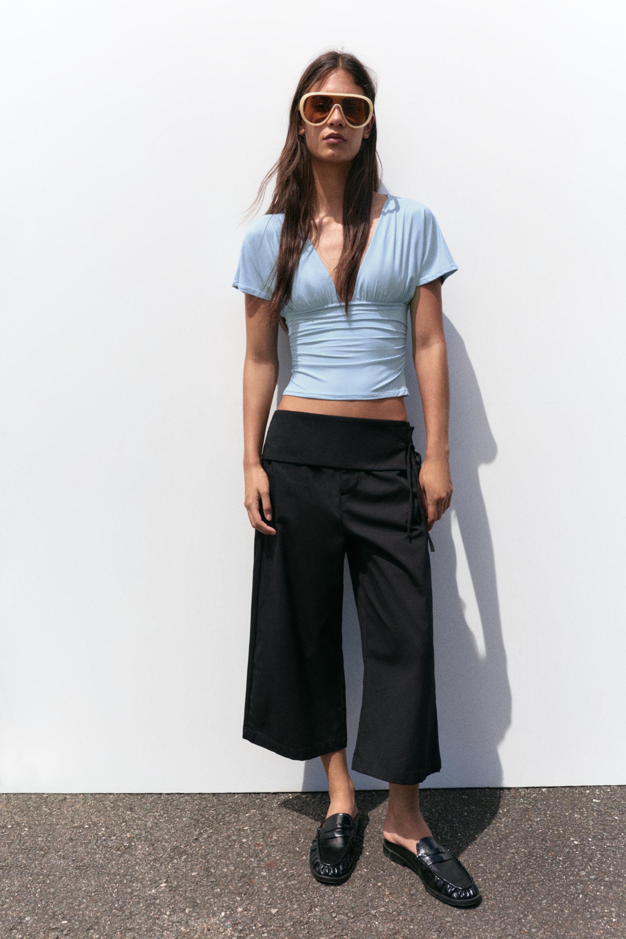 Gathered V-neck top — Pale blue