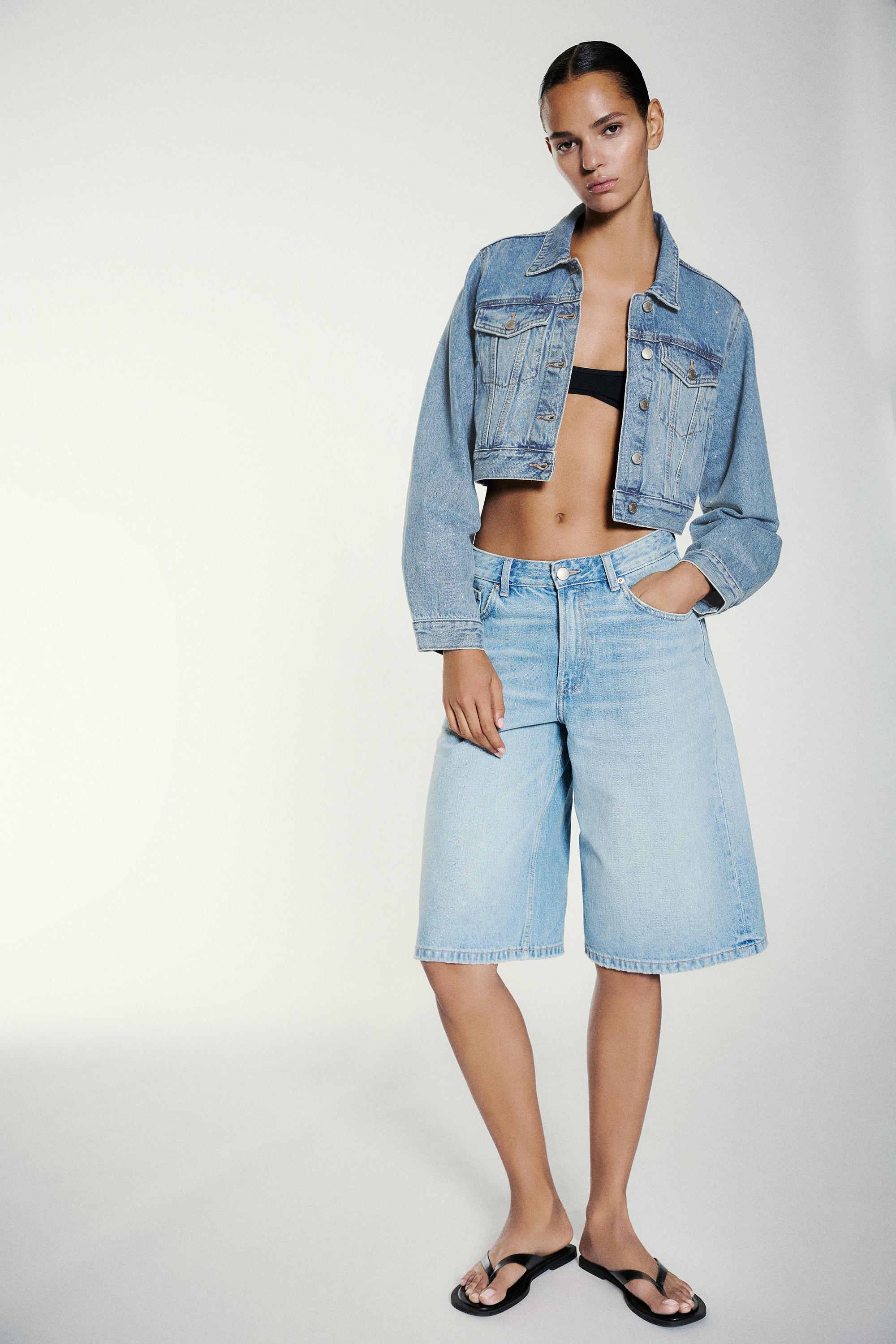 Cropped rhinestone denim jacket — Medium blue