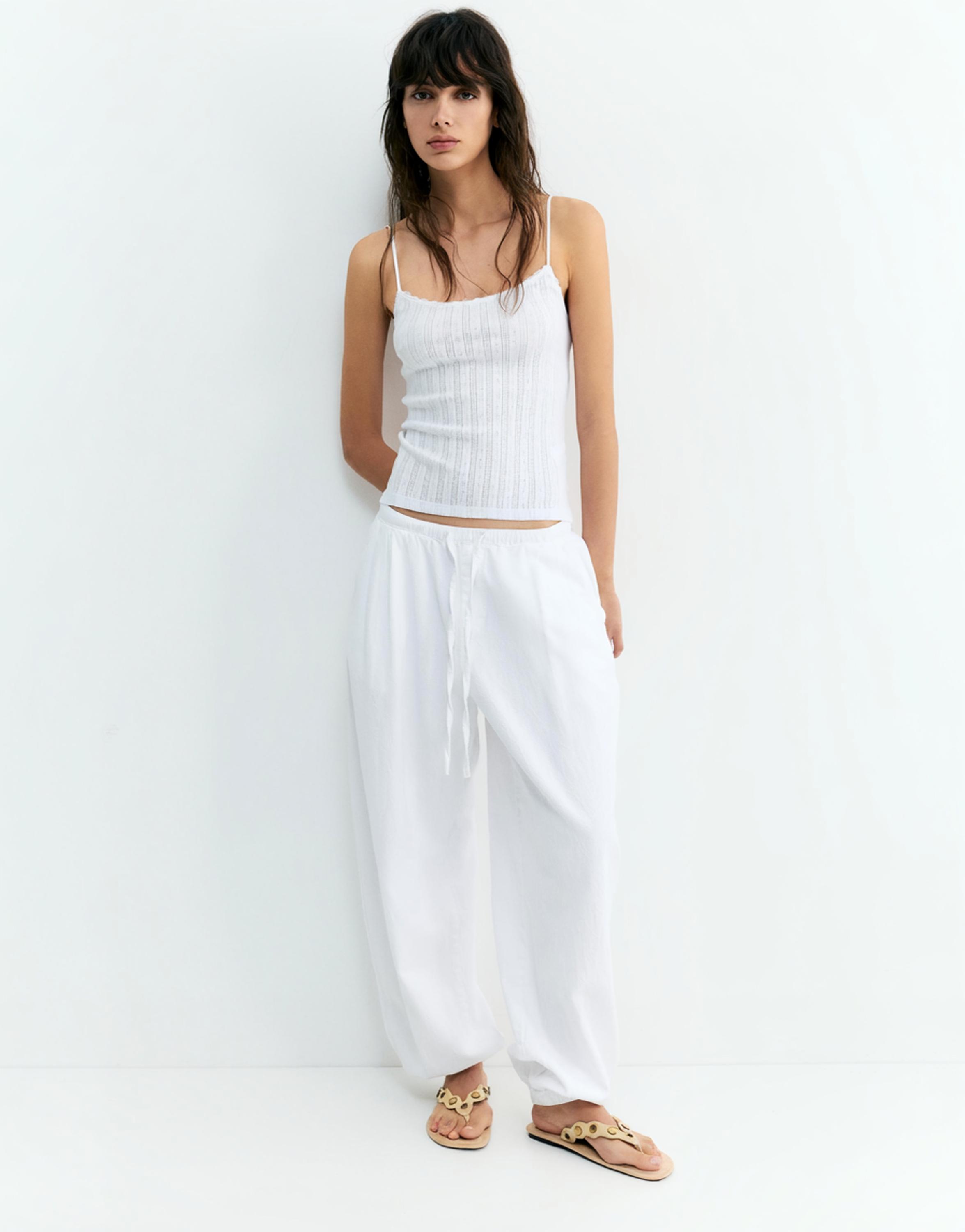 Strappy pointelle knit top — White