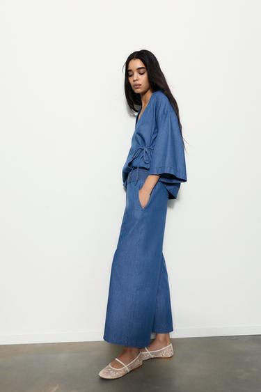 Flowing denim trousers with elasticated waist — Medium blue 1
