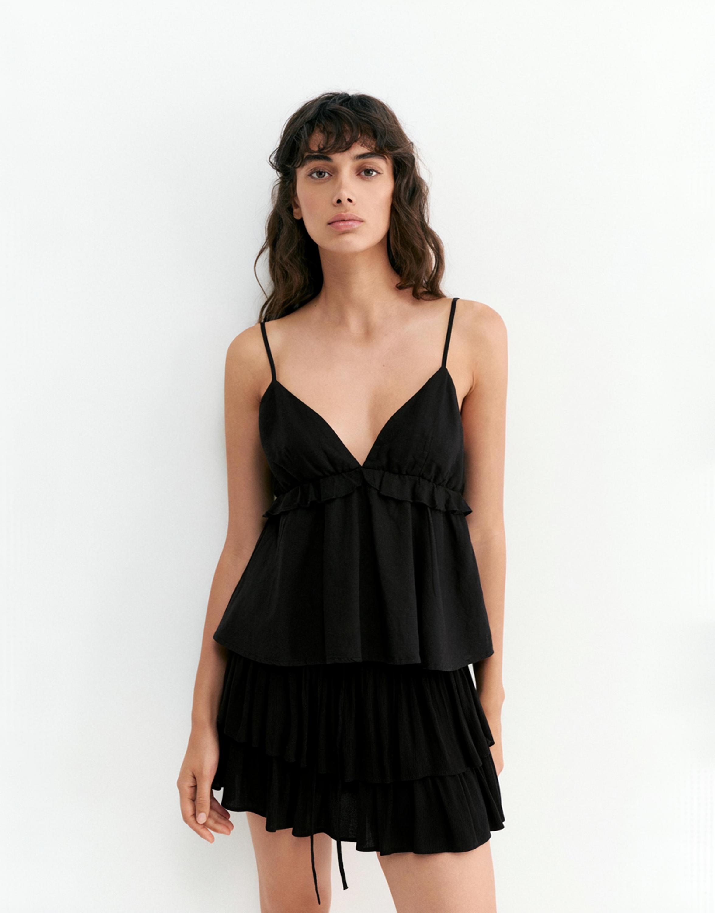 Ruffled linen top — Black