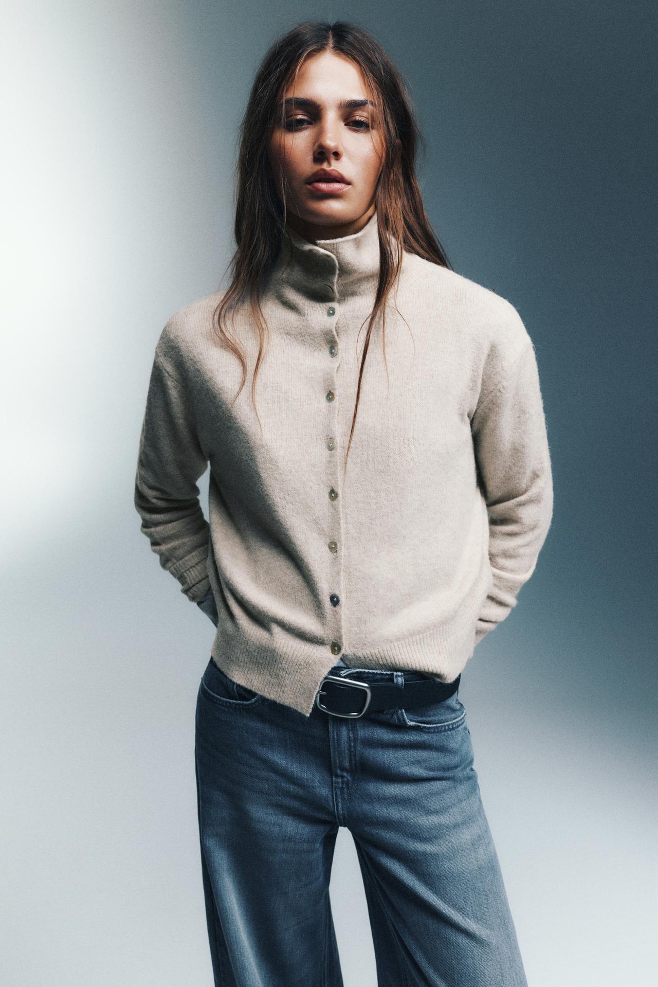 High neck buttoned cardigan — Ecru