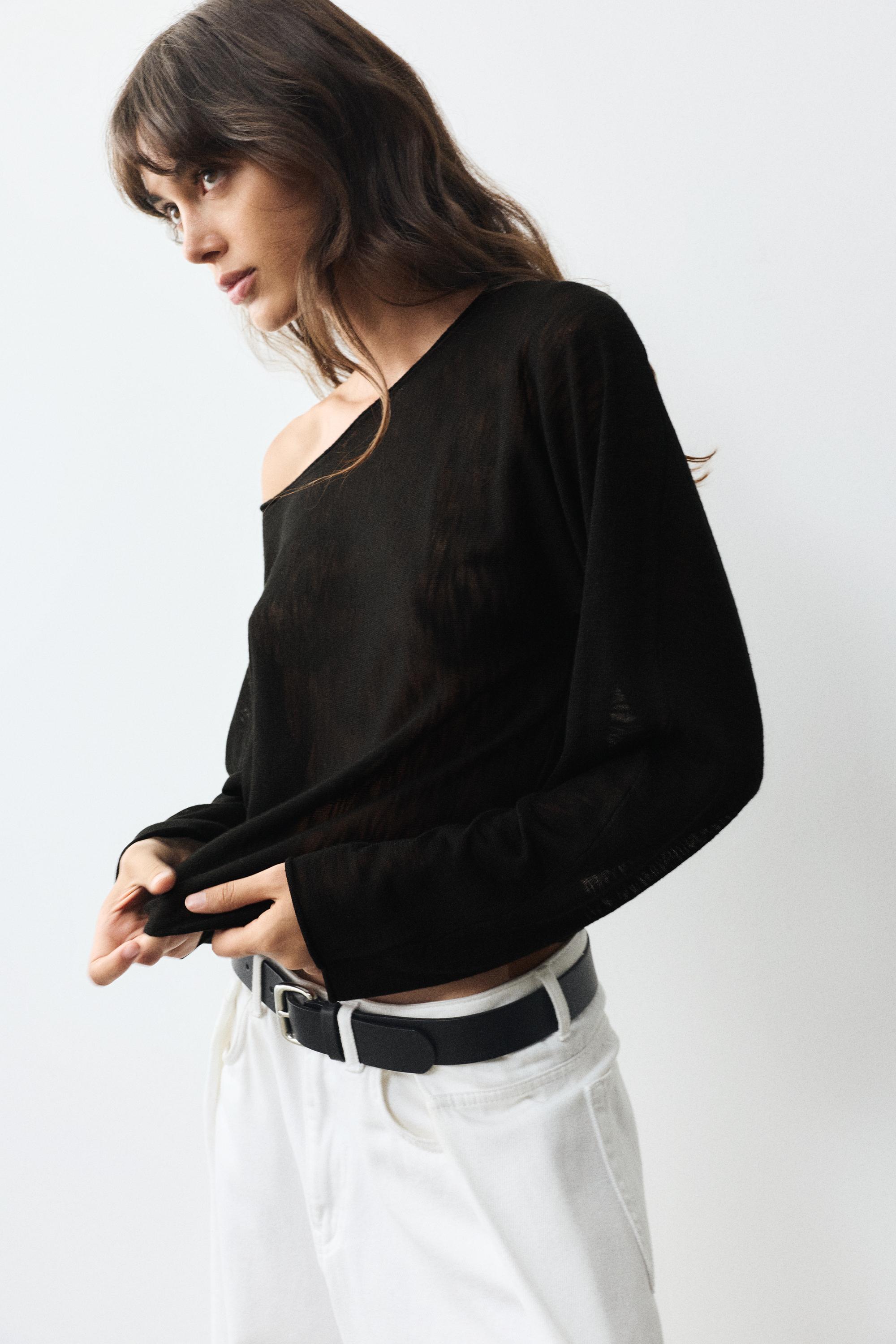 Fine knit asymmetric T-shirt — Black