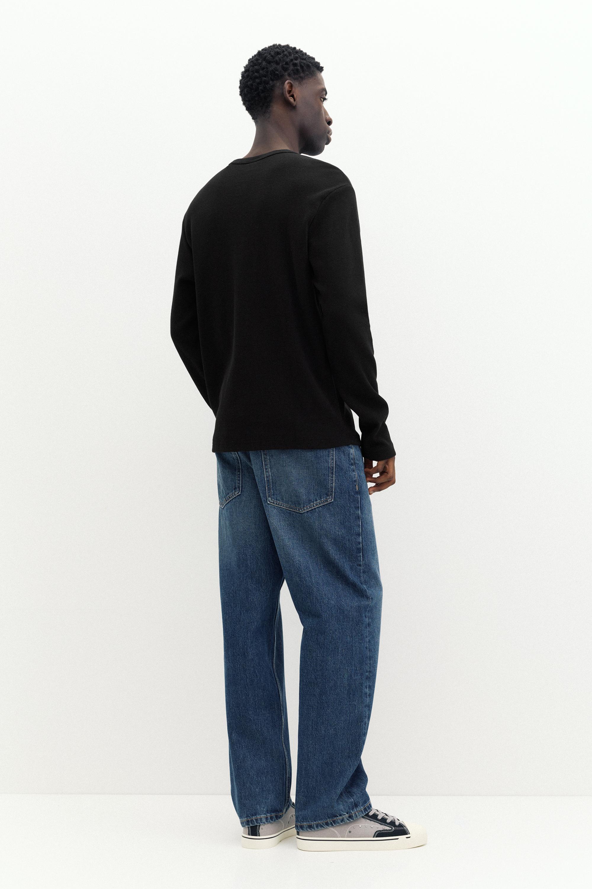 Waffle-knit long sleeve T-shirt — Black