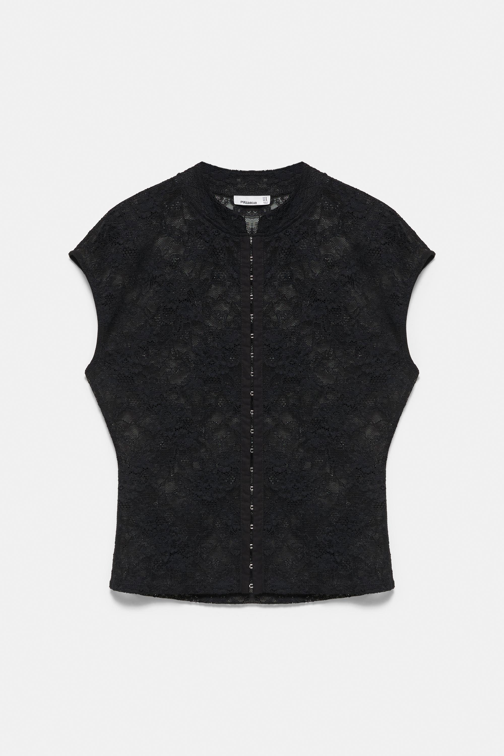 Lace stand collar top — Black