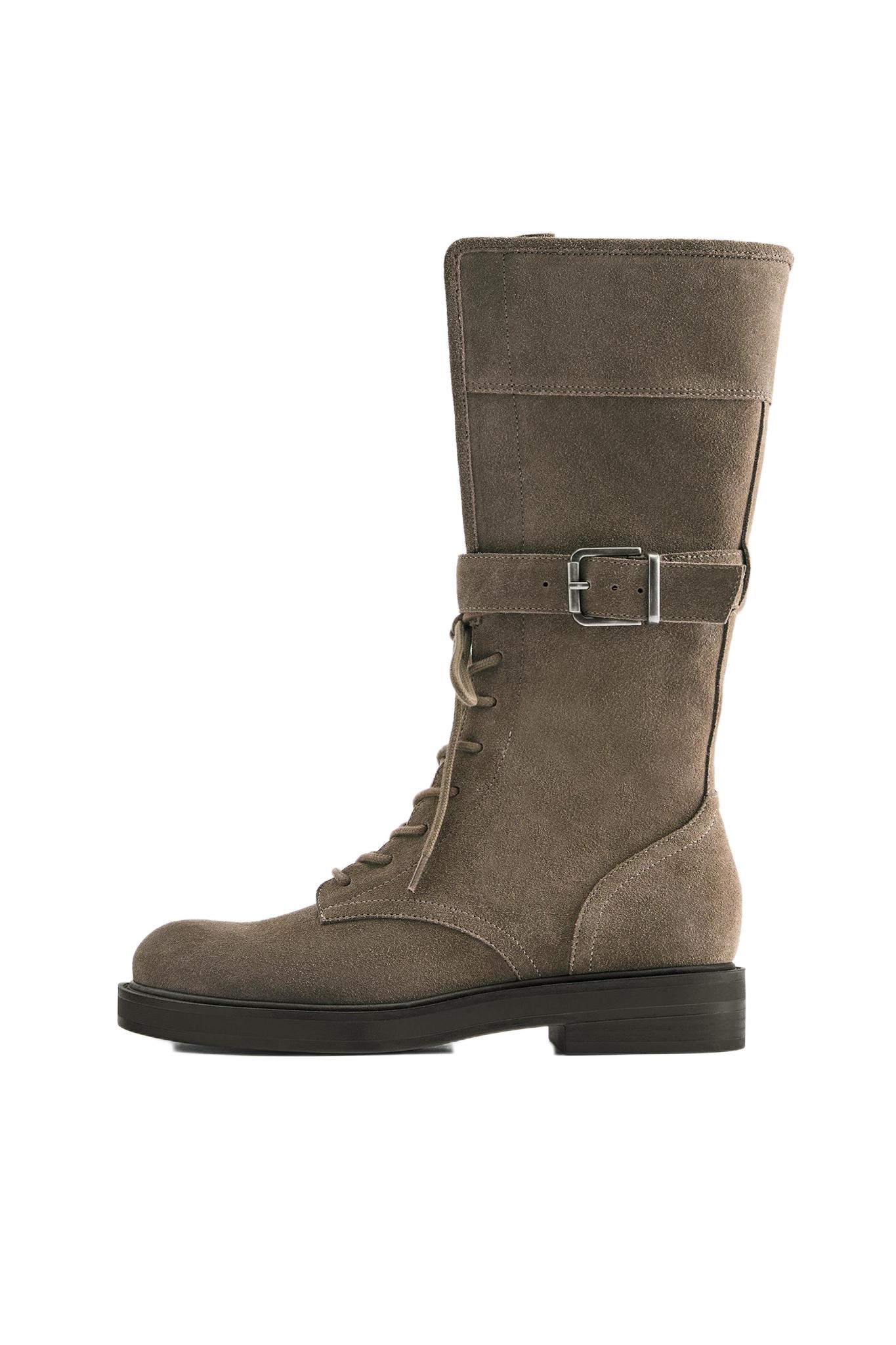 Lace-up flat leather boots — Taupe