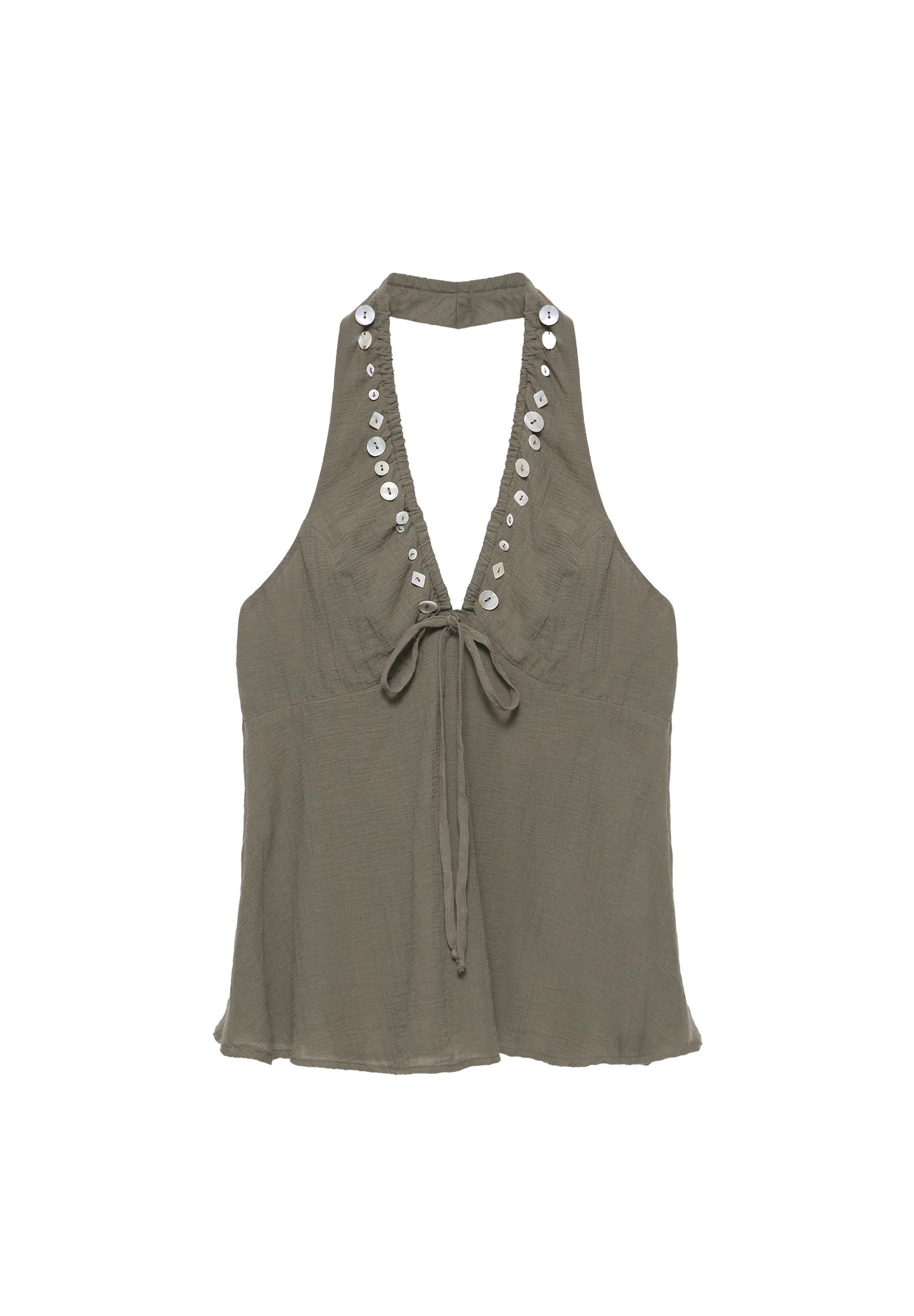 Halter neck top with buttons — Khaki