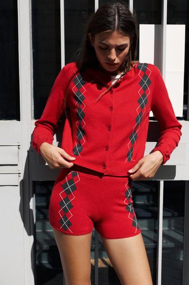 Diamond-pattern knit cardigan — Red 1