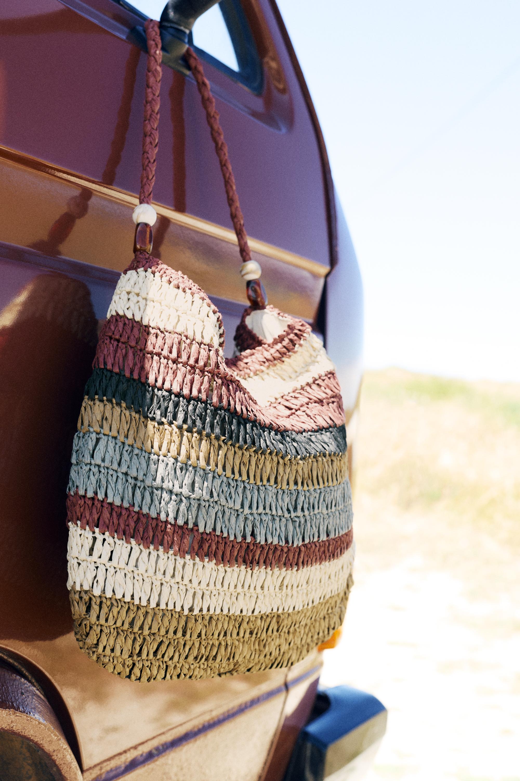 Striped woven tote bag — Brown