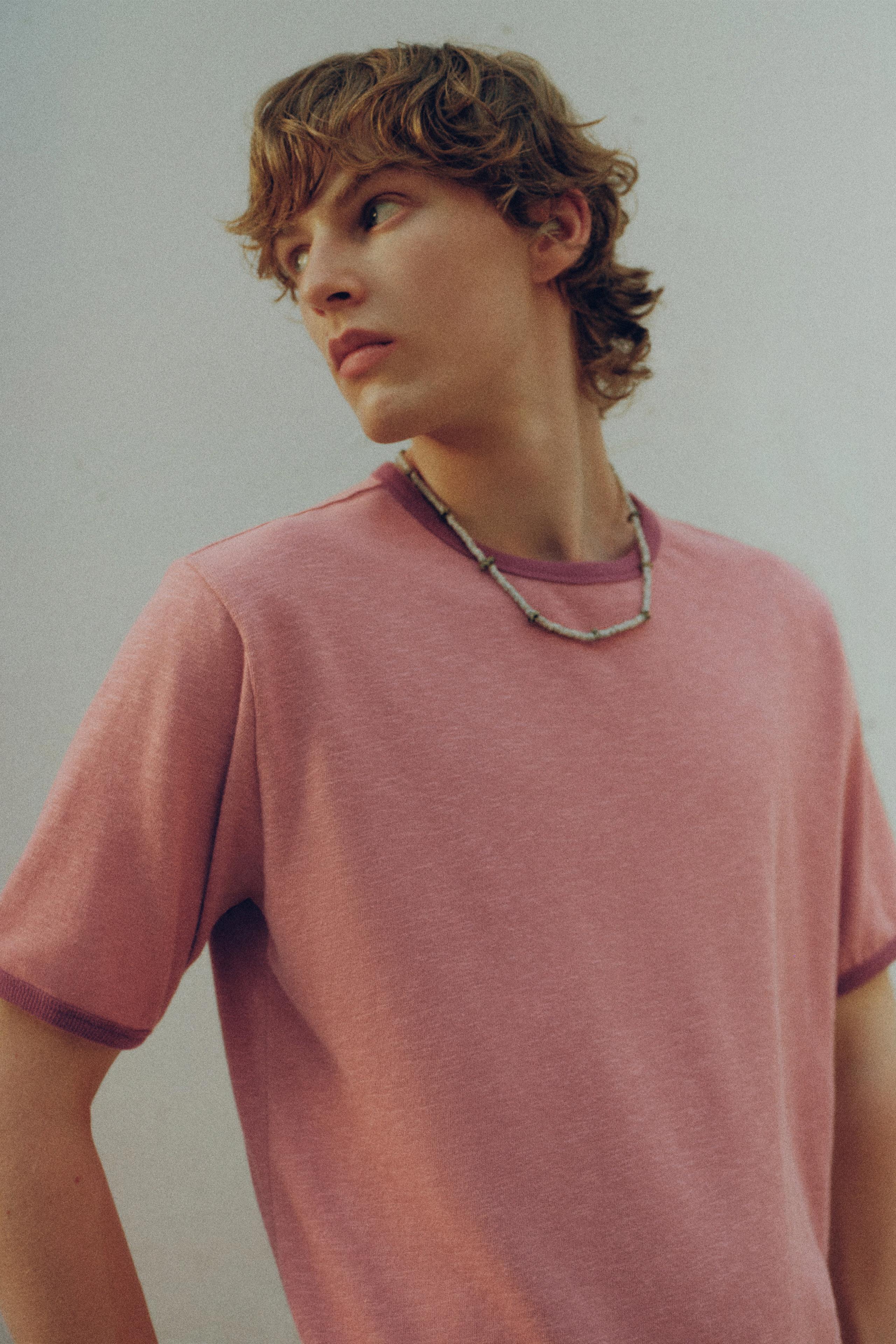 Contrast ribbed T-shirt — Pink