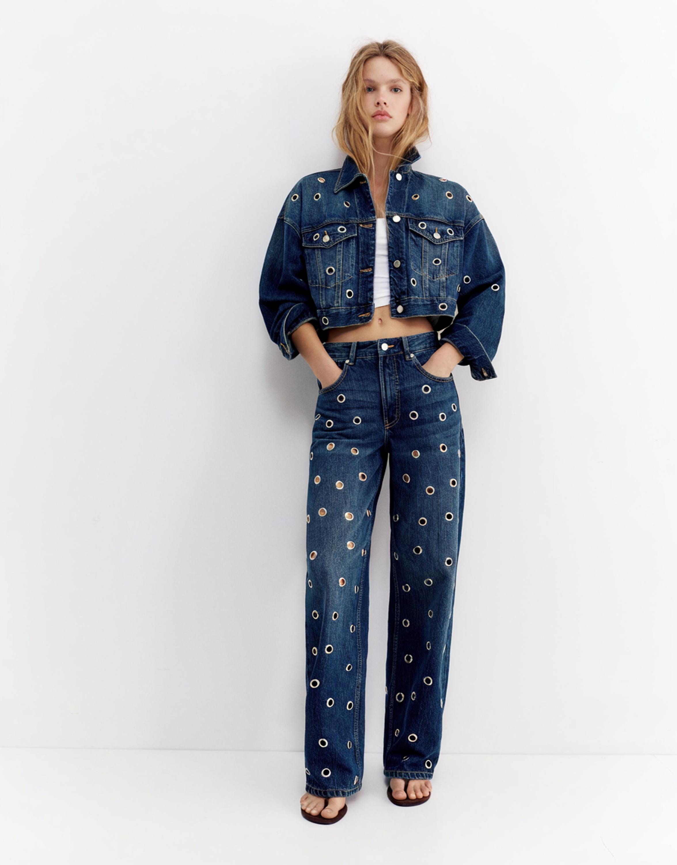 Delikli denim ceket - Görsel 13