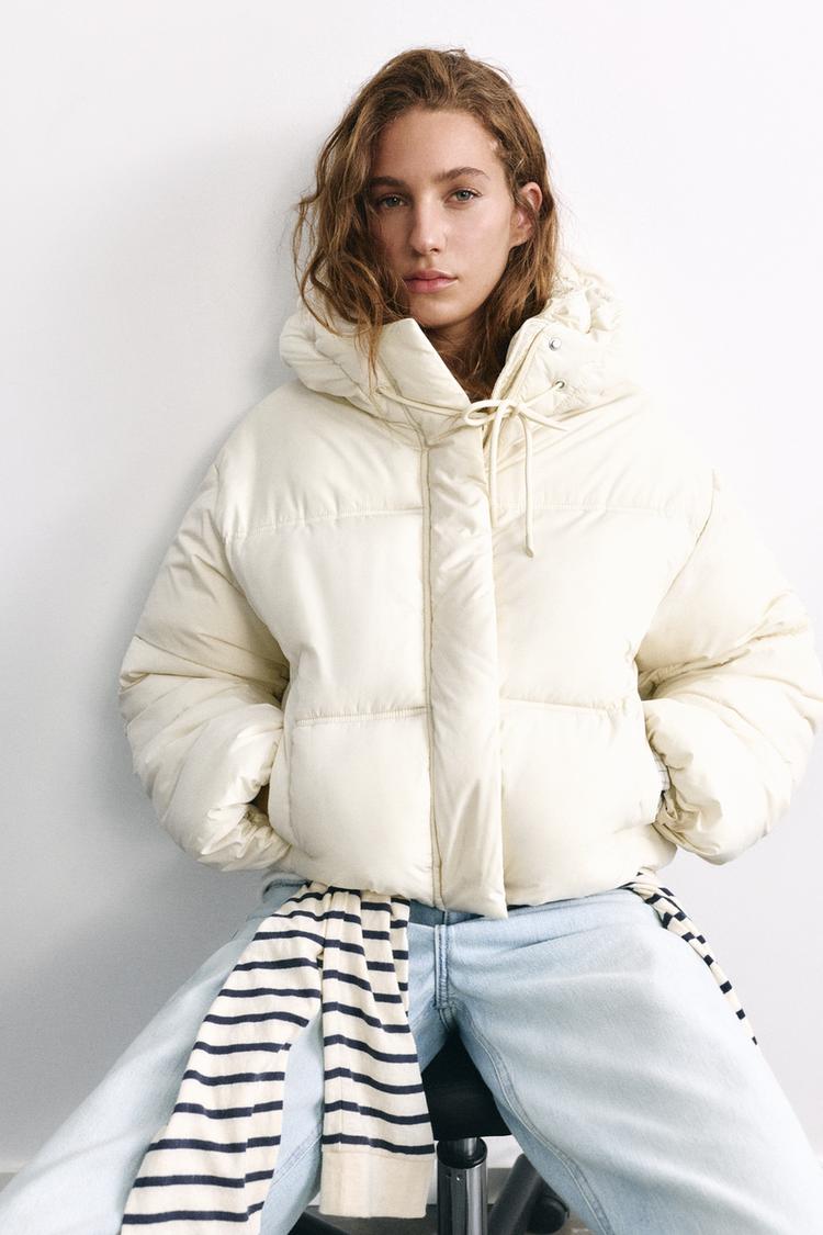 Puffer jacket with hood — Ecru