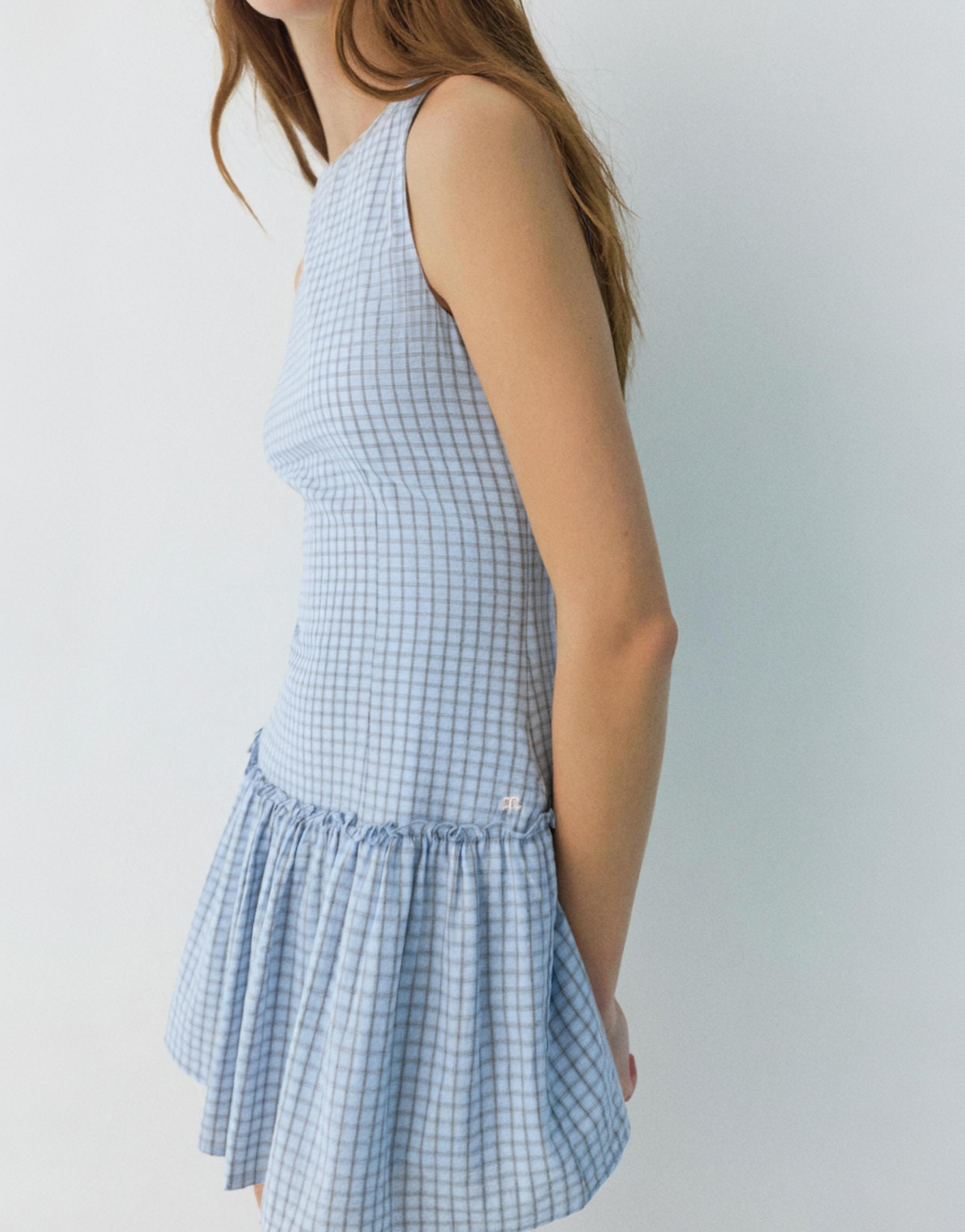 Short check dress with voluminous hem — Sky blue