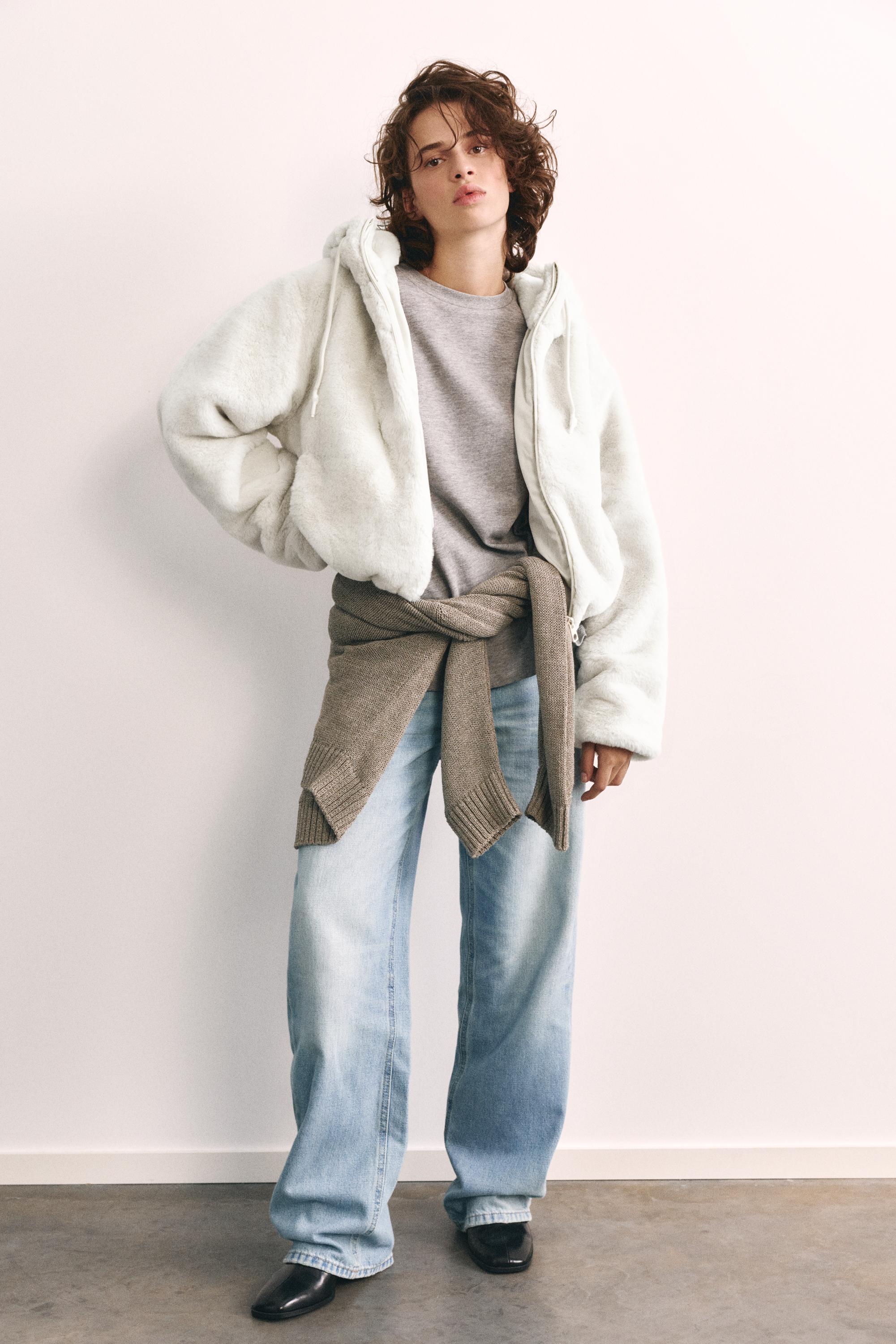 Hooded faux fur jacket — Ecru