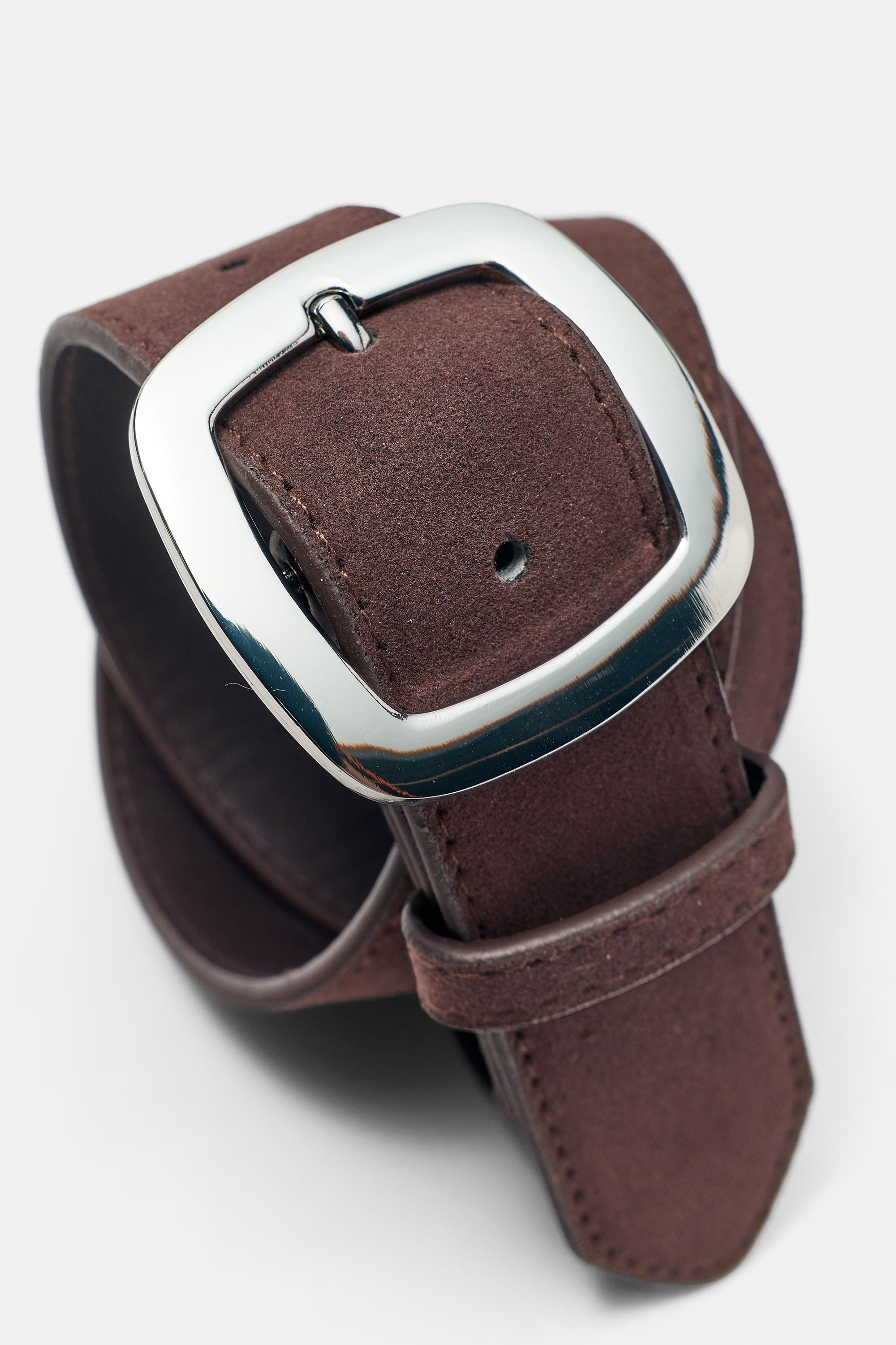 Faux suede belt with rounded buckle — Chocolate