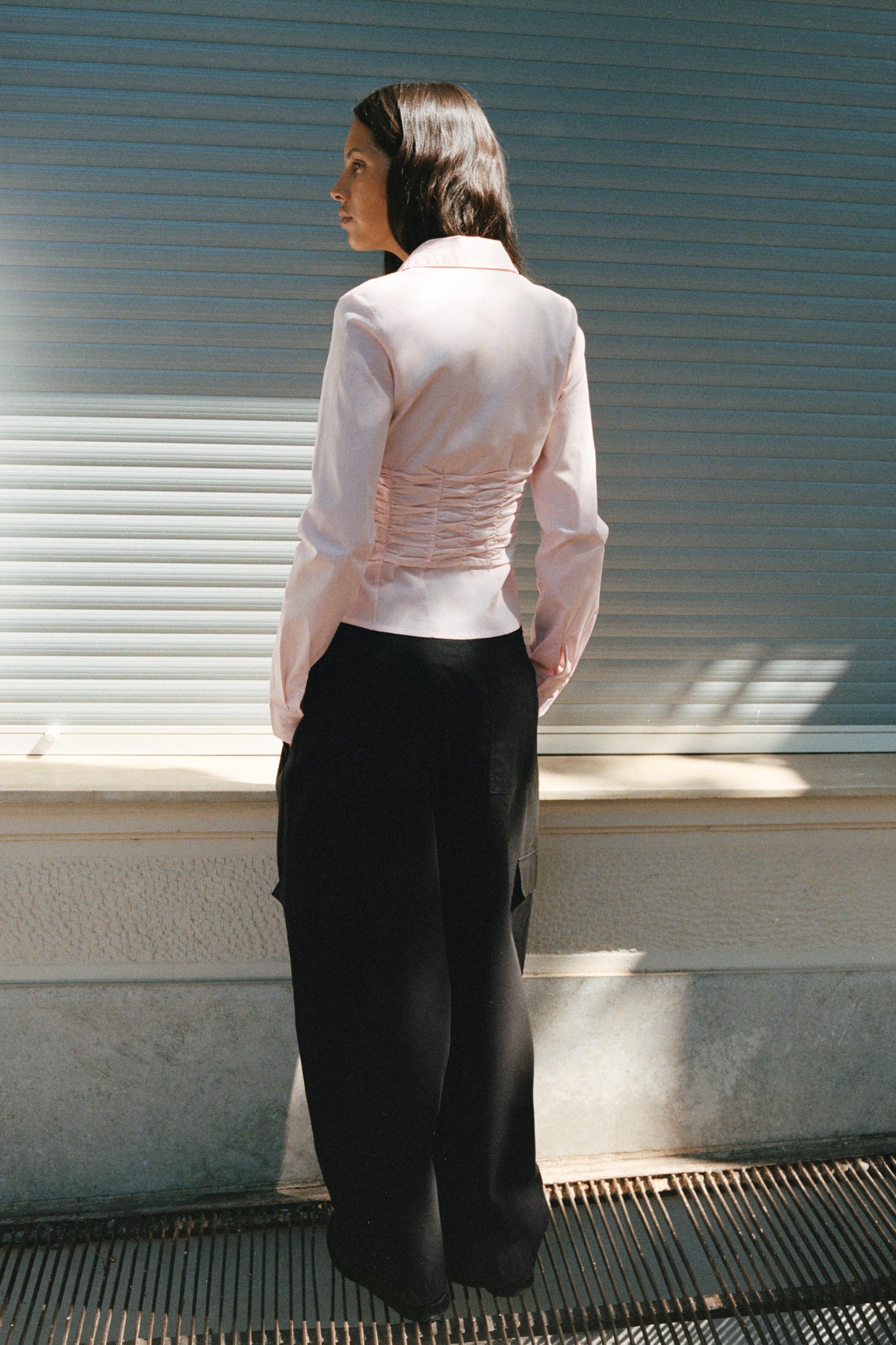 Fitted gathered poplin shirt — Pink