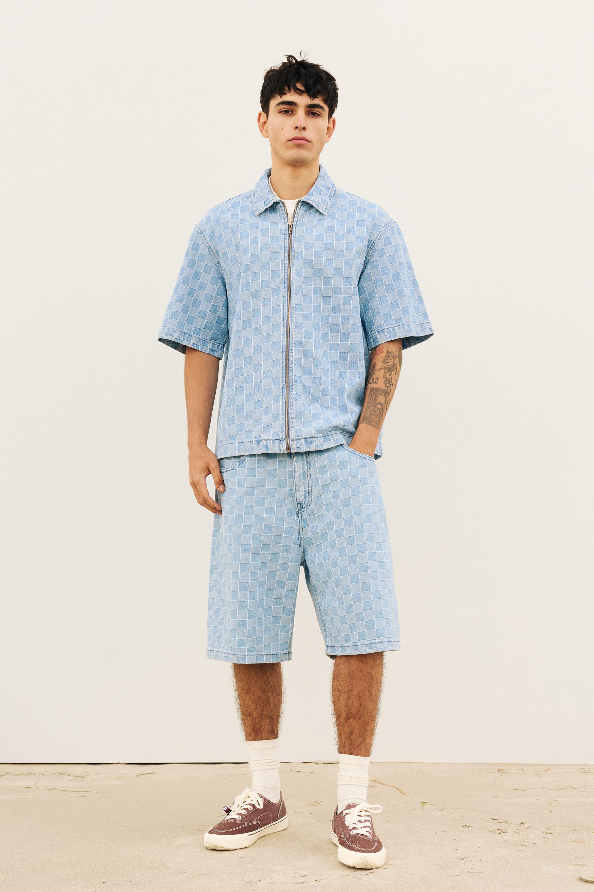 Check zip-up denim shirt — Medium blue