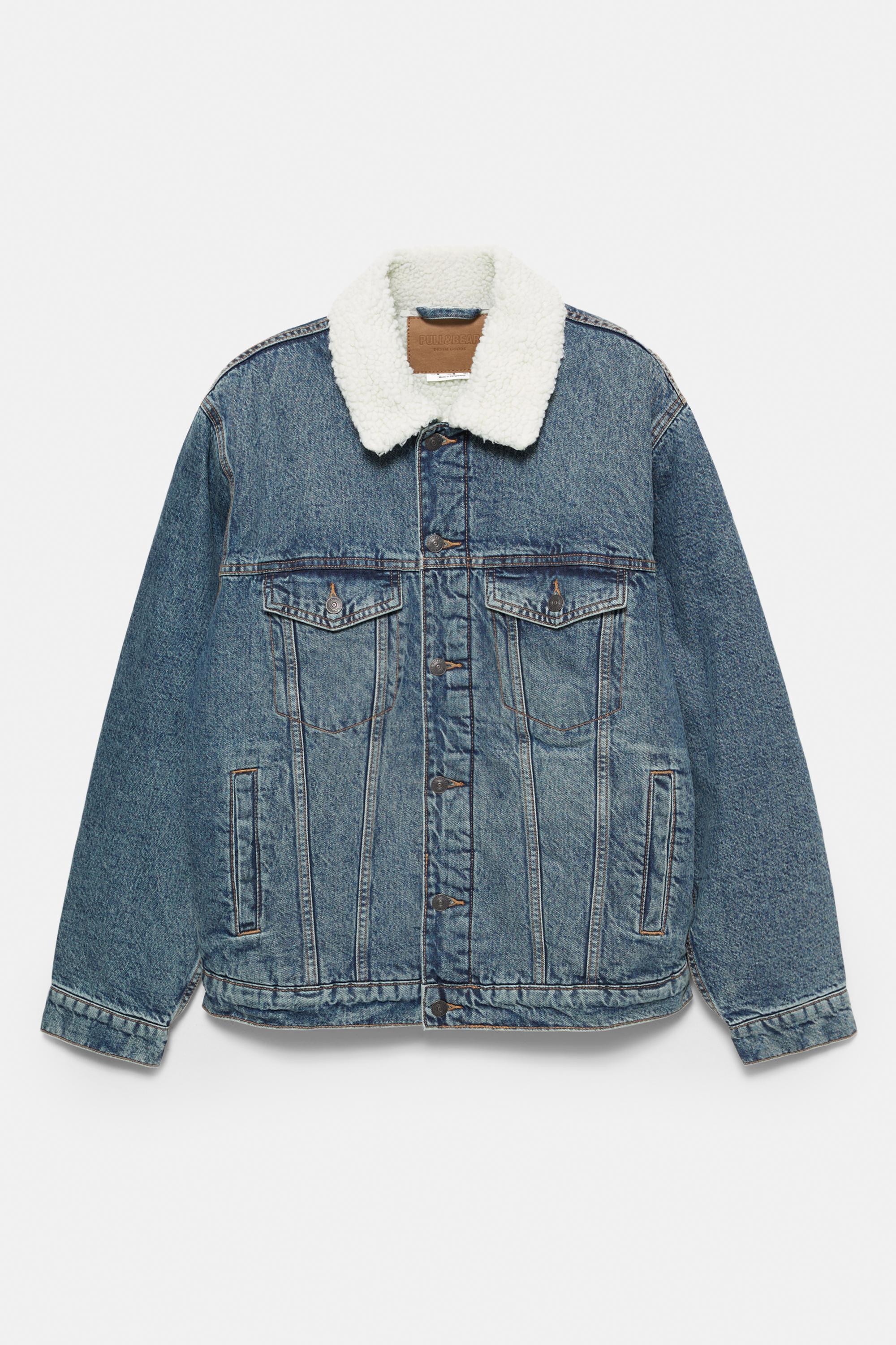 Denim jacket with faux shearling collar — Medium blue
