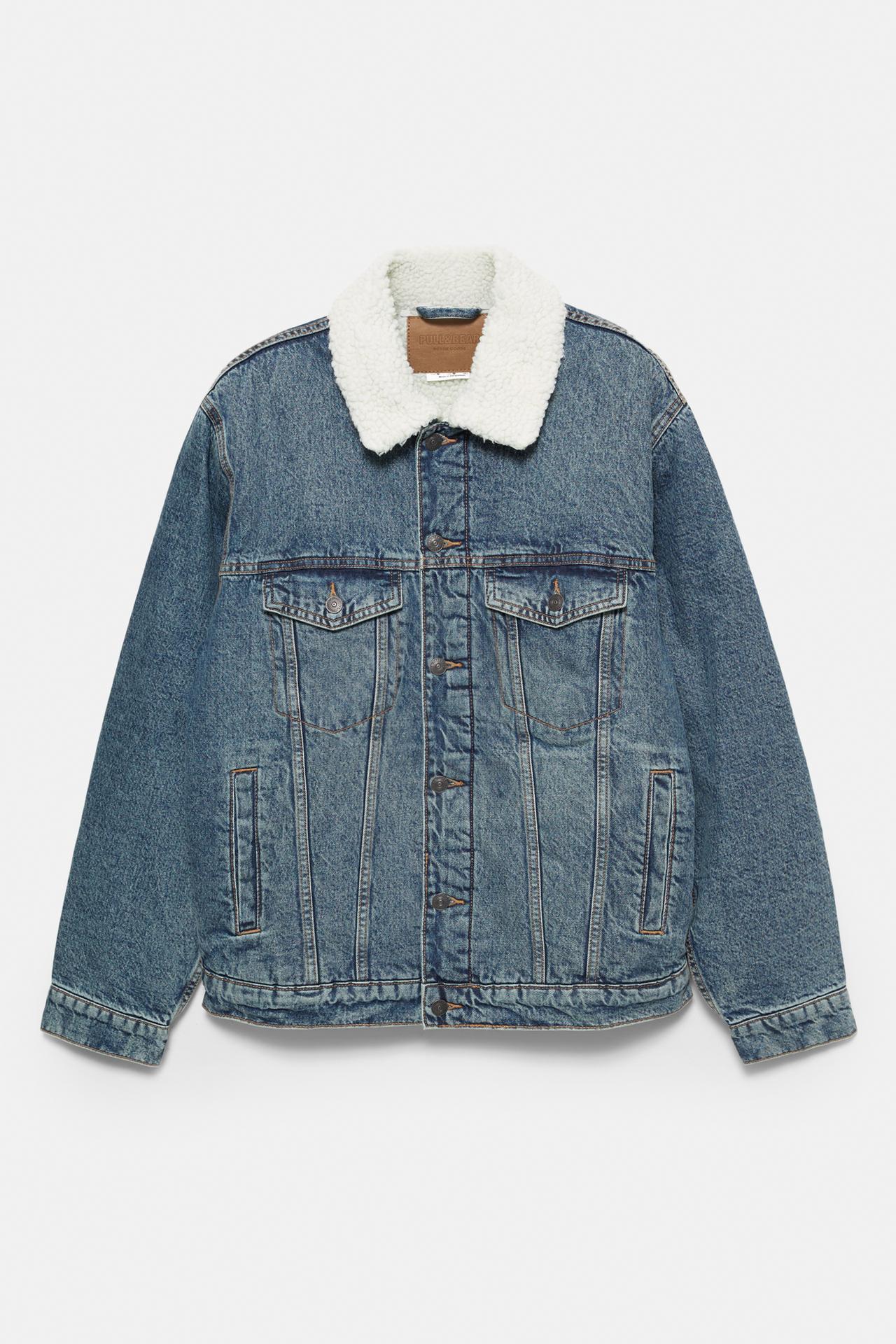 Denim jacket with faux shearling collar — Medium blue