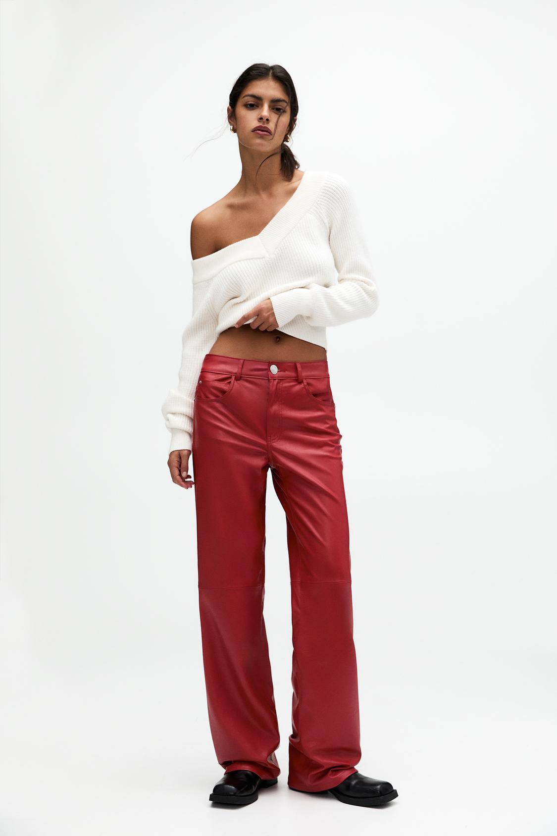 Zara Deri Zara Pantalon Efecto Piel Pantalon Recto Pantalon Rojo