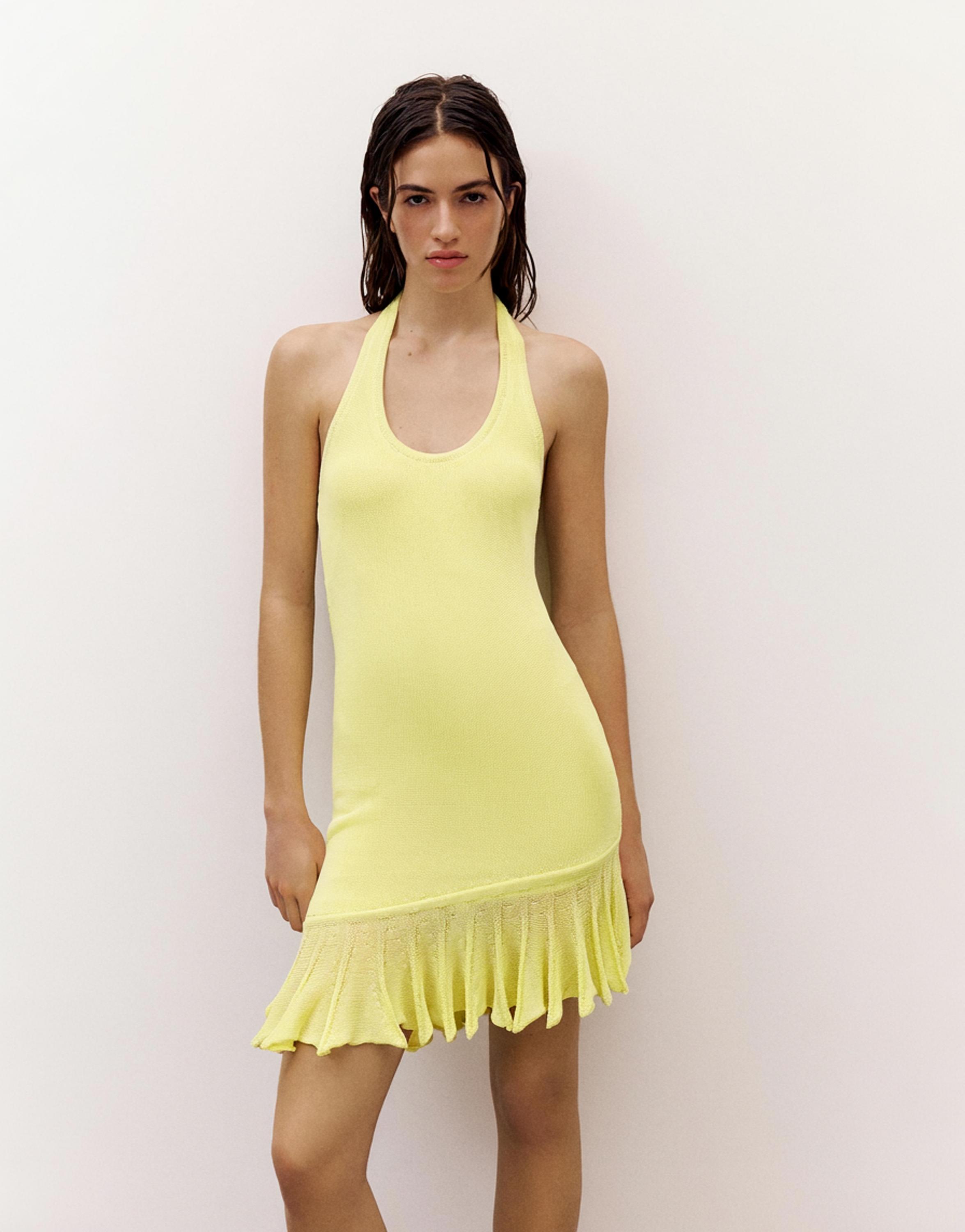 Asymmetric knit halter dress — Lime