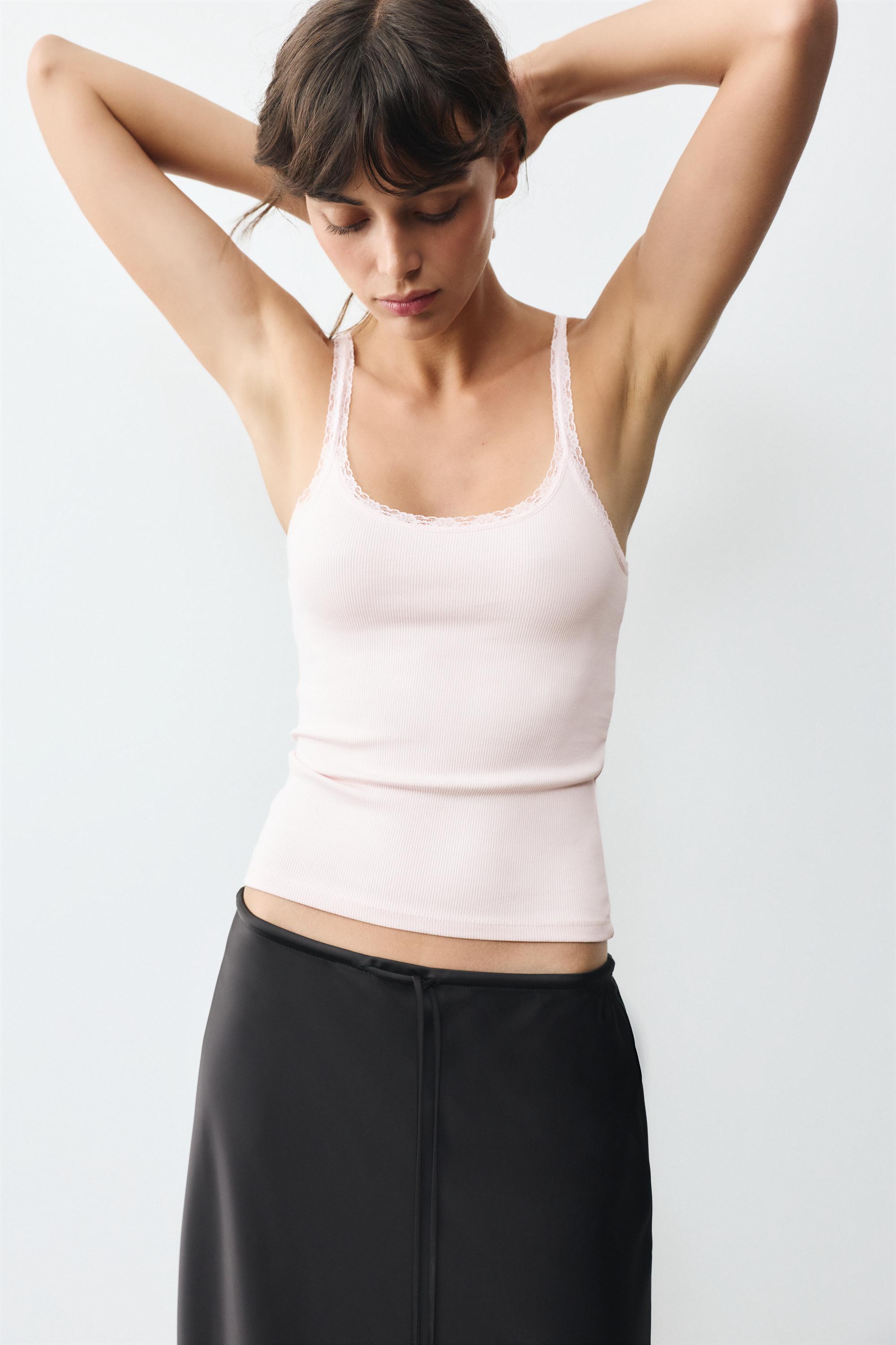 Lace-trim tank top — Pastel pink