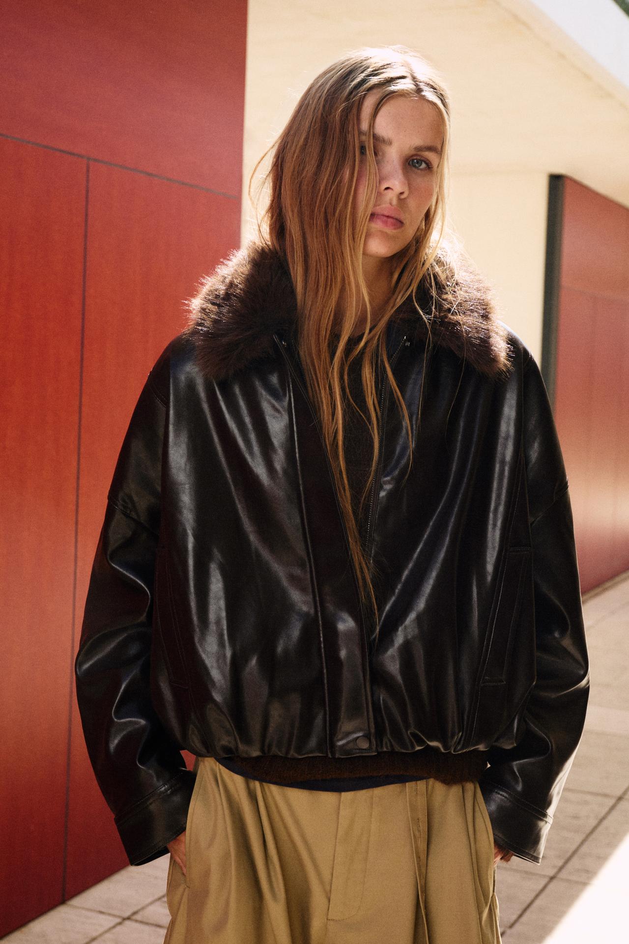 Leather effect jacket with faux fur collar — Brown