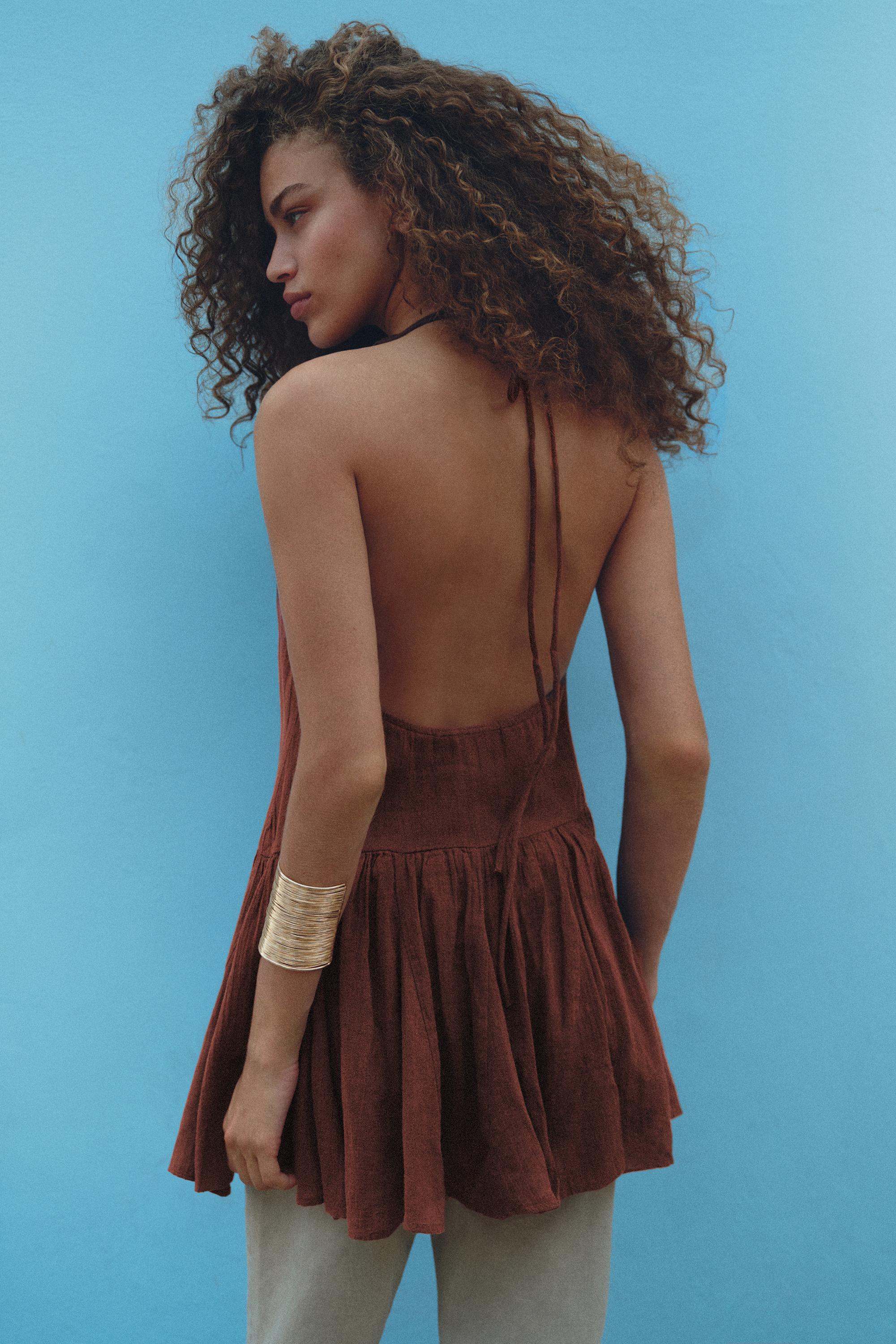 Surplice neckline short dress — Brown