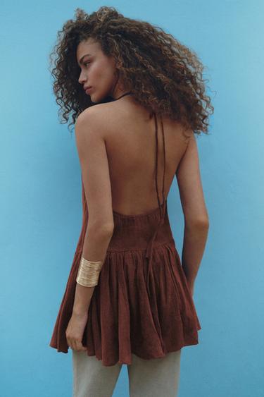 Surplice neckline short dress — Brown 3