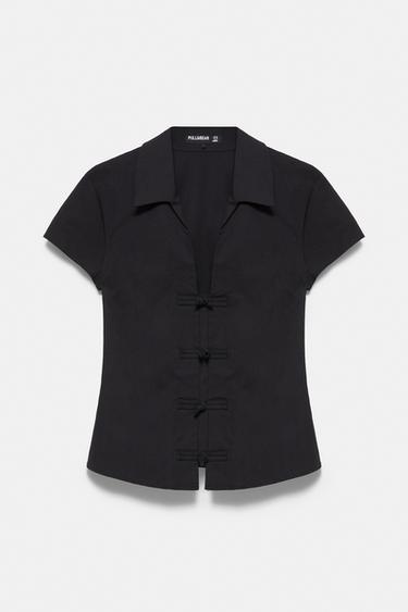 Polka dot frog fastening shirt — Black 6