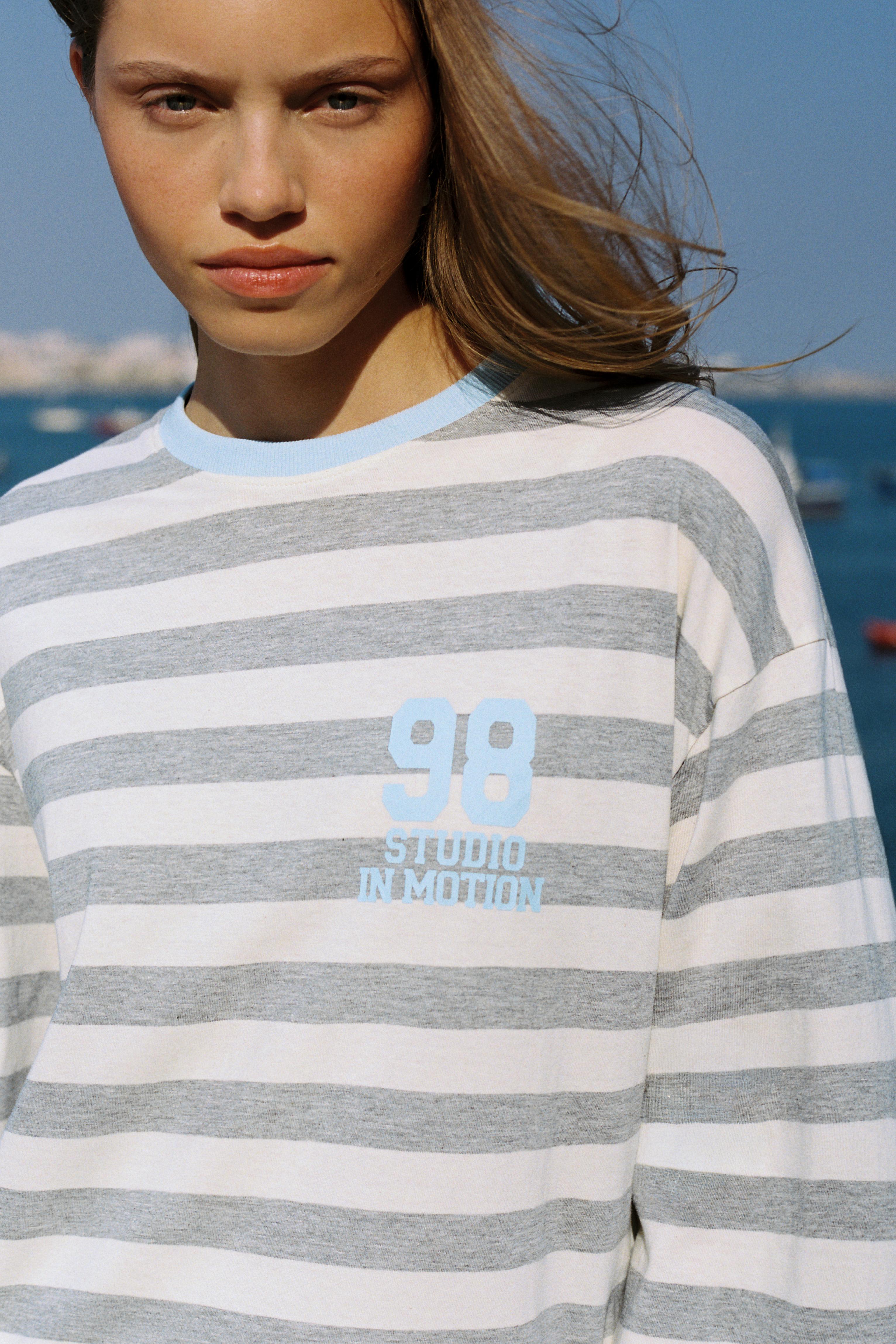 Oversize graphic striped T-shirt — Grey marl
