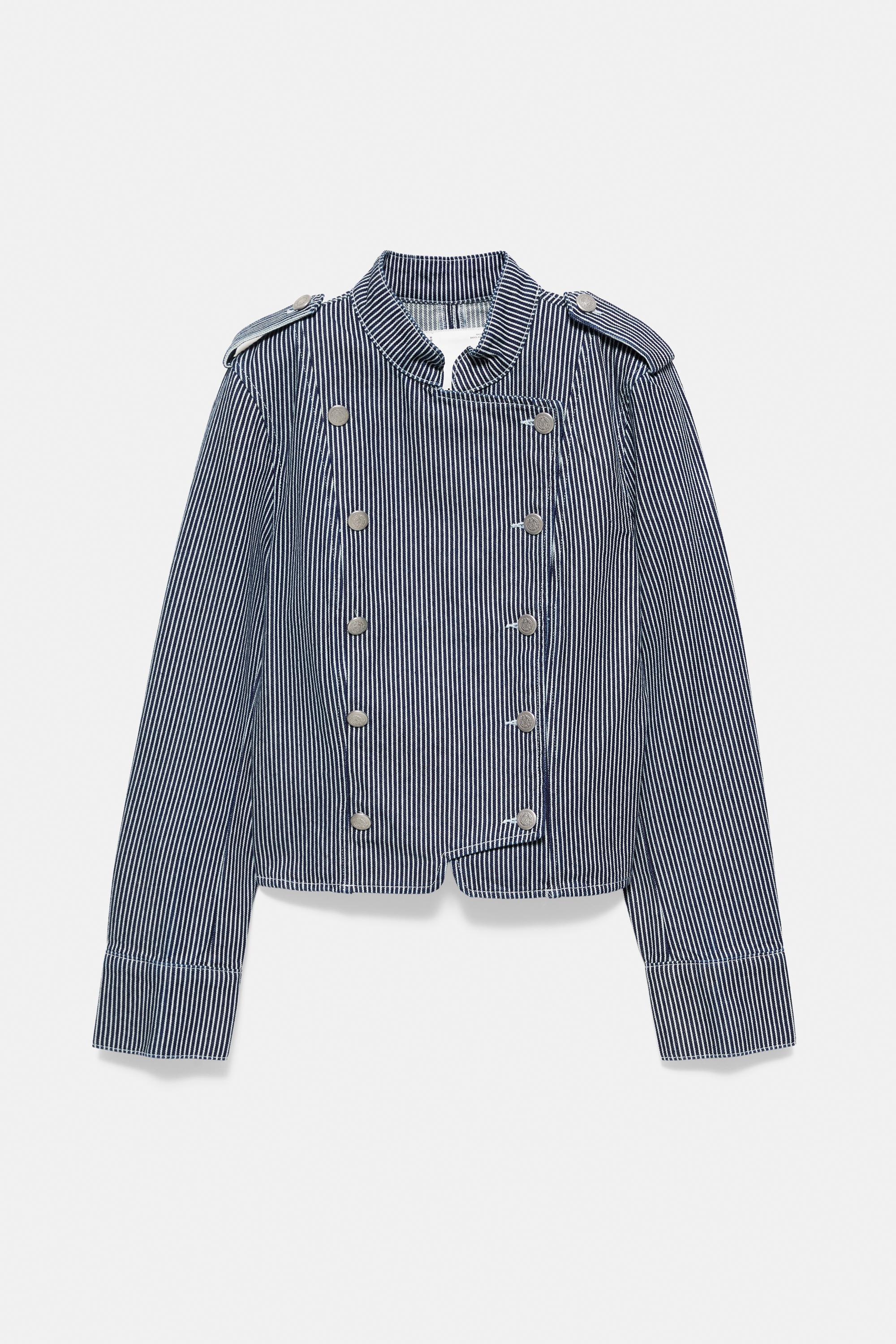 Striped buttoned denim jacket — Dark blue