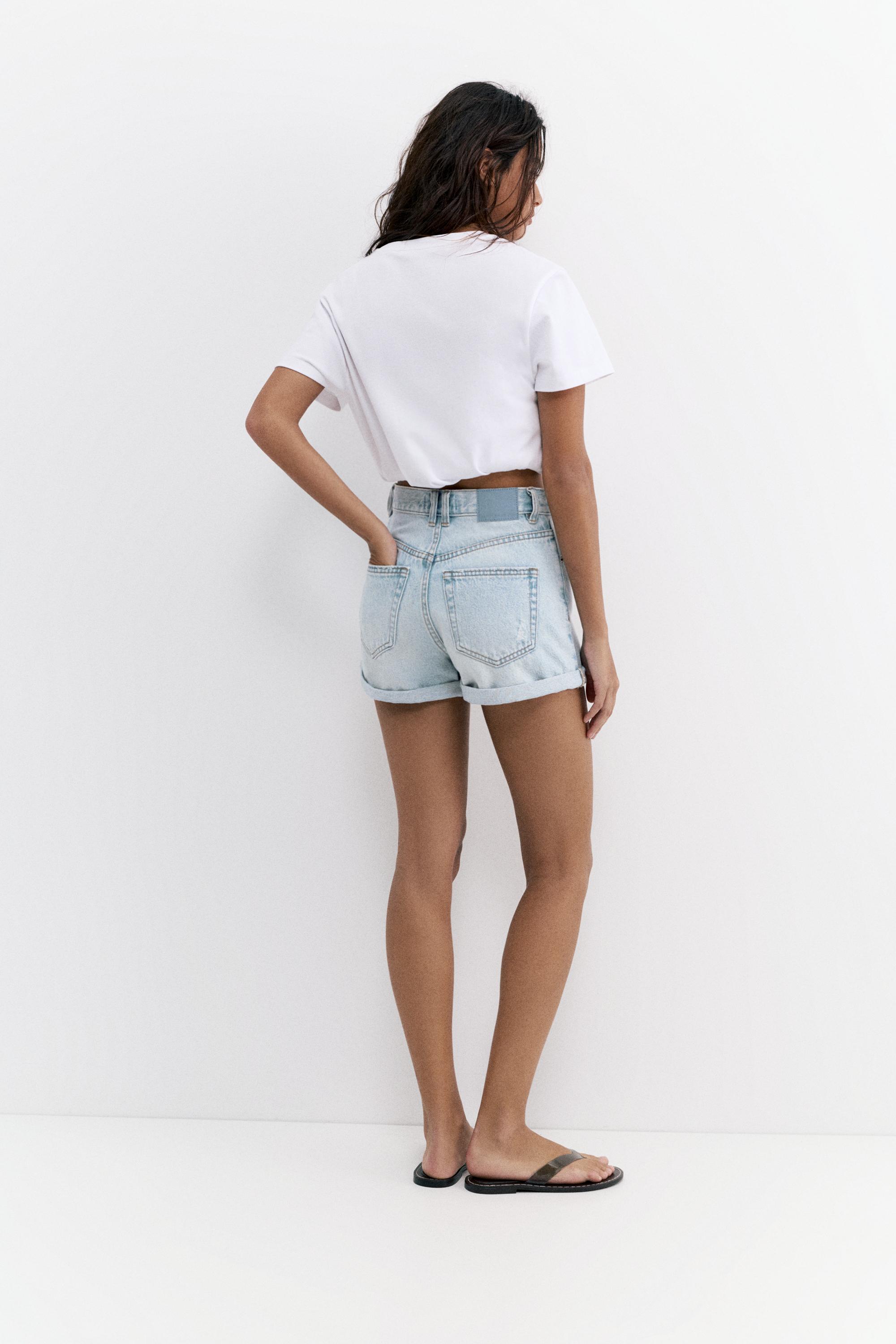 Denim turn-up mom shorts — Pale blue