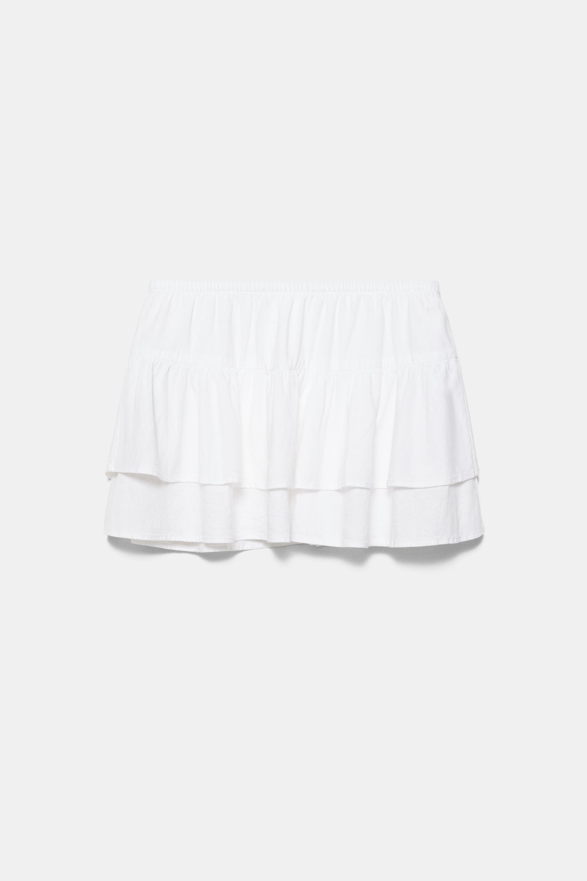 Ruffled mini skirt with linen — White