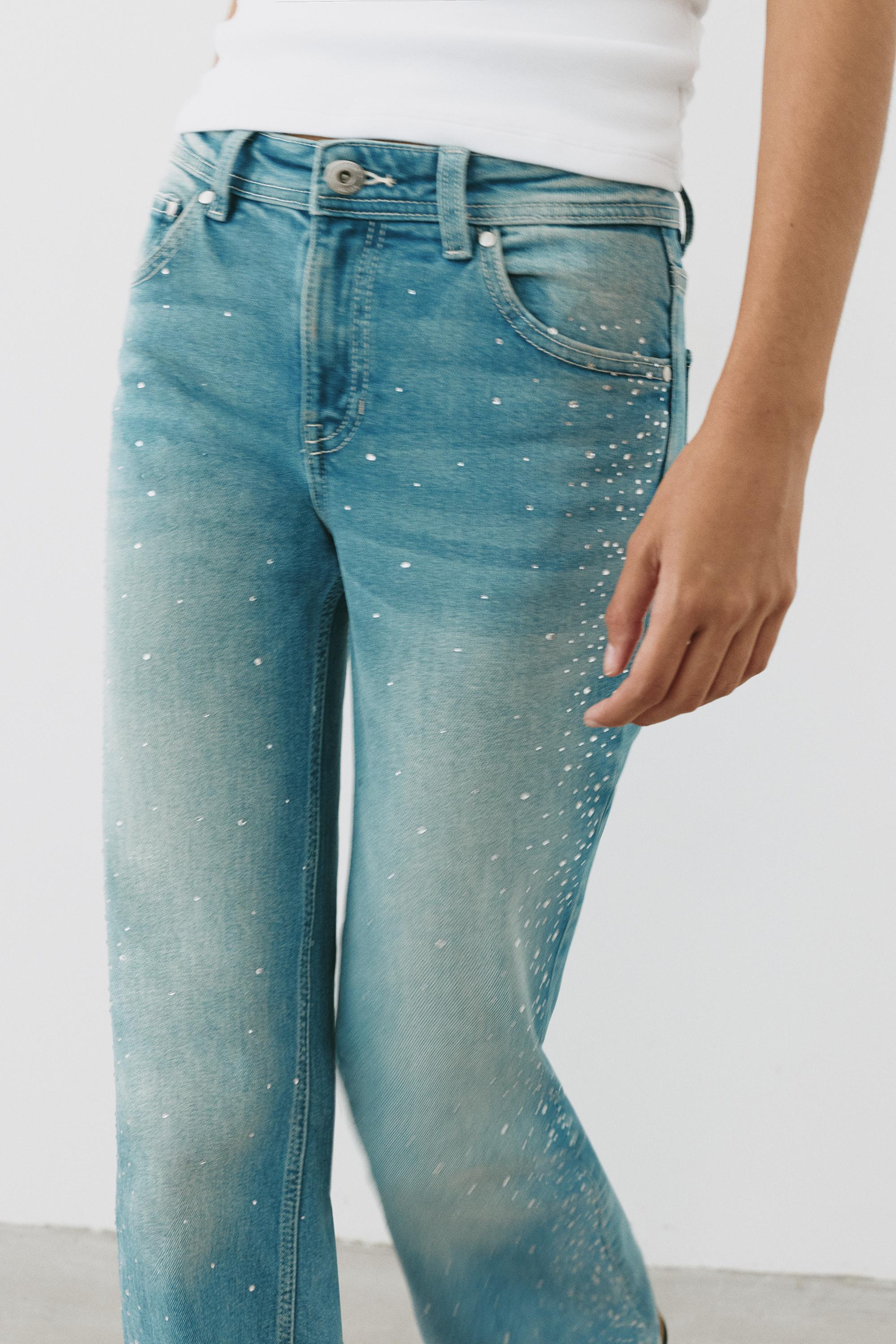 Rhinestone boot-cut jeans — Greenish blue