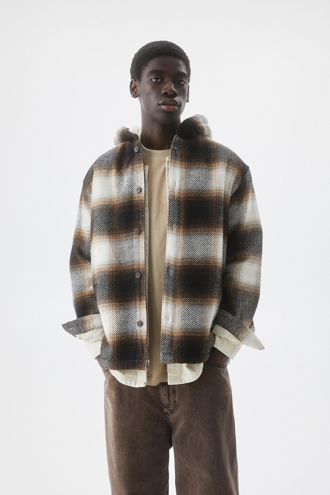 Faux shearling hooded check jacket - PULL&BEAR