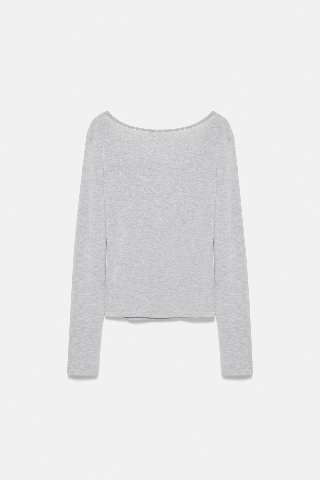 Asymmetric neckline top with buttons — Grey marl