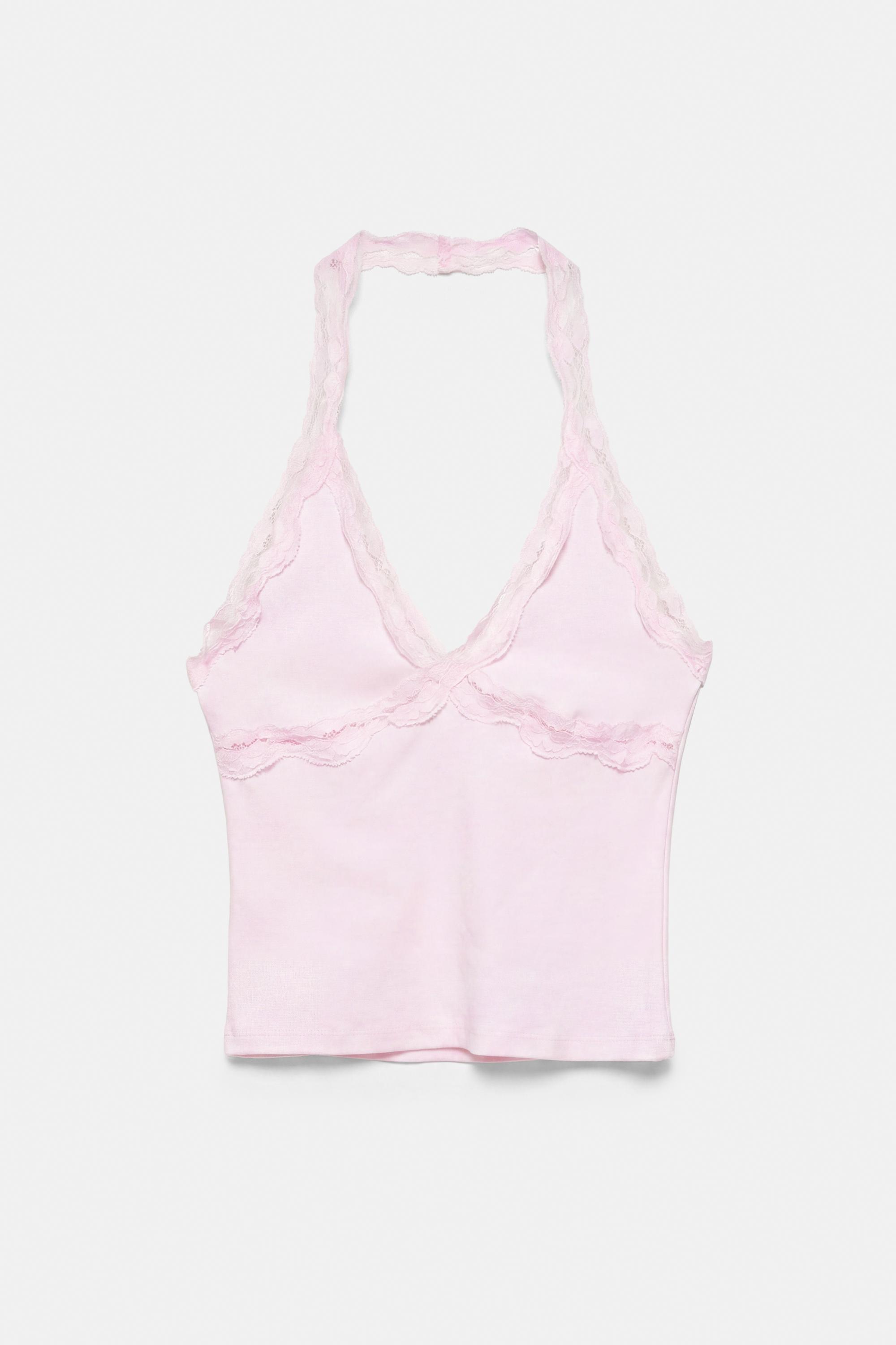 Lace-trimmed halter top — Pink