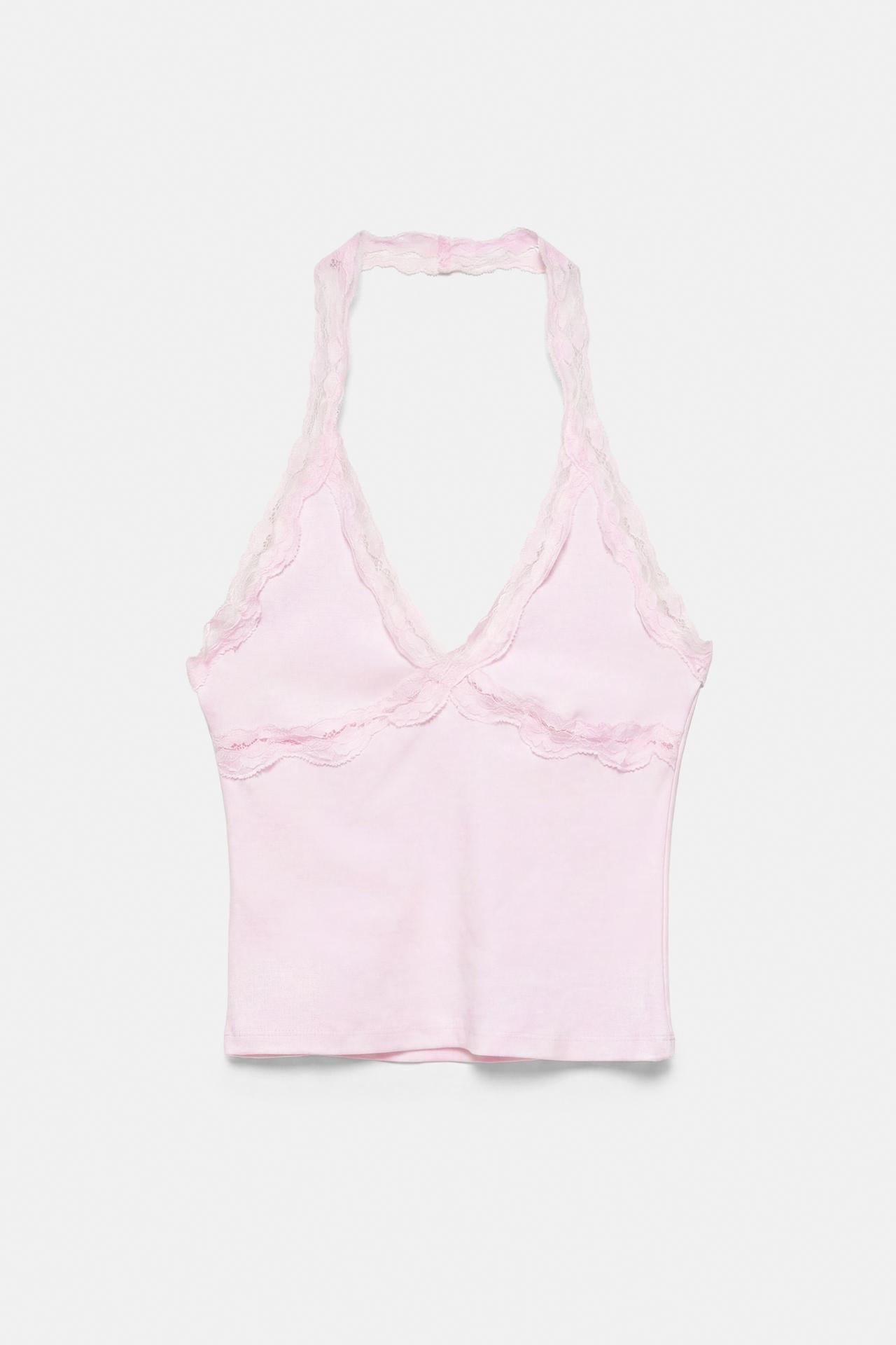 Lace-trimmed halter top — Pink