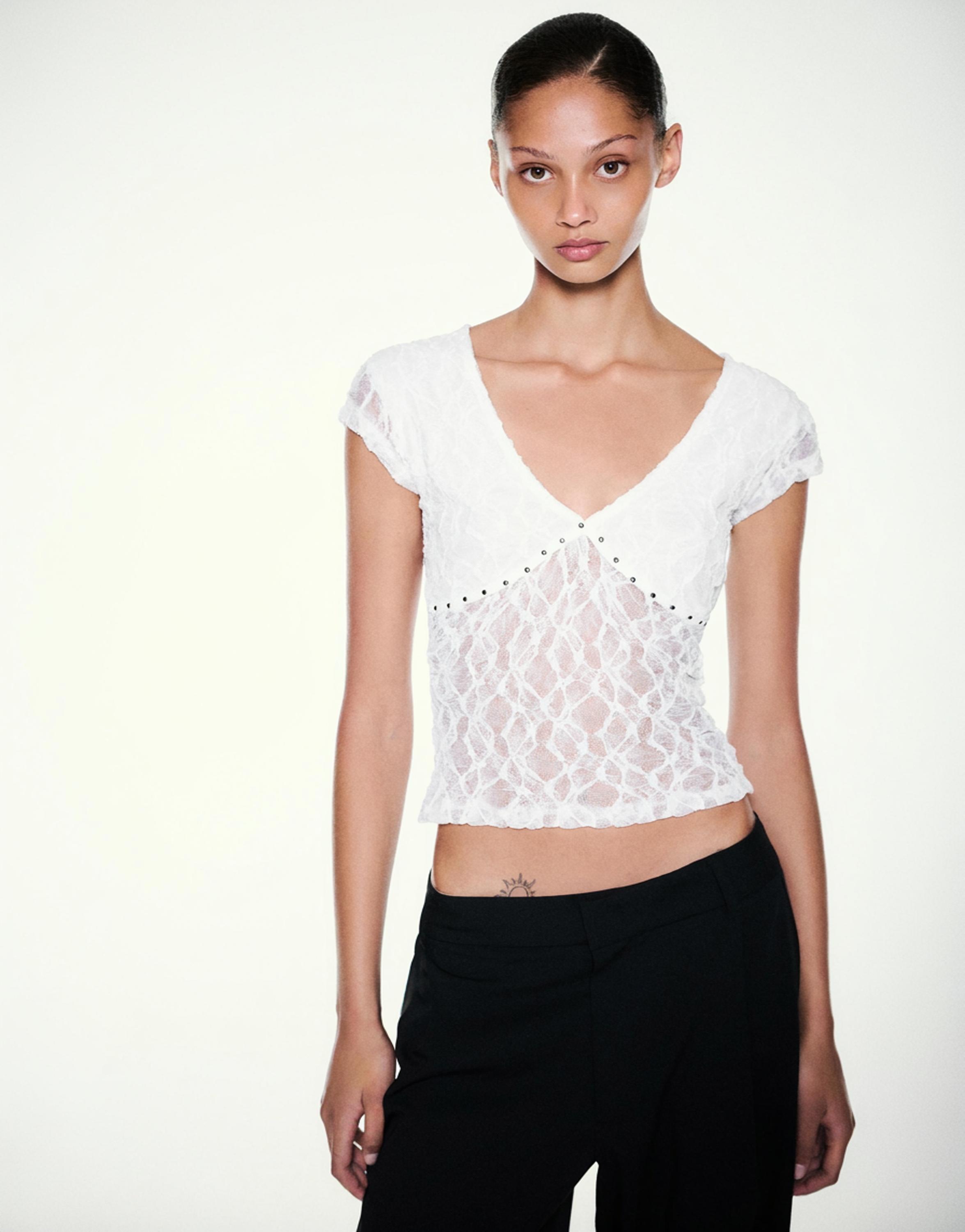 Studded lace T-shirt — White