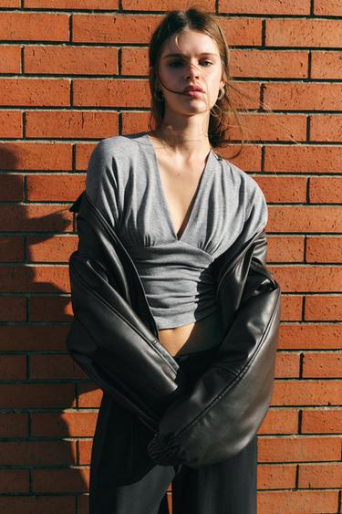 Gathered v-neck top — Grey marl 3