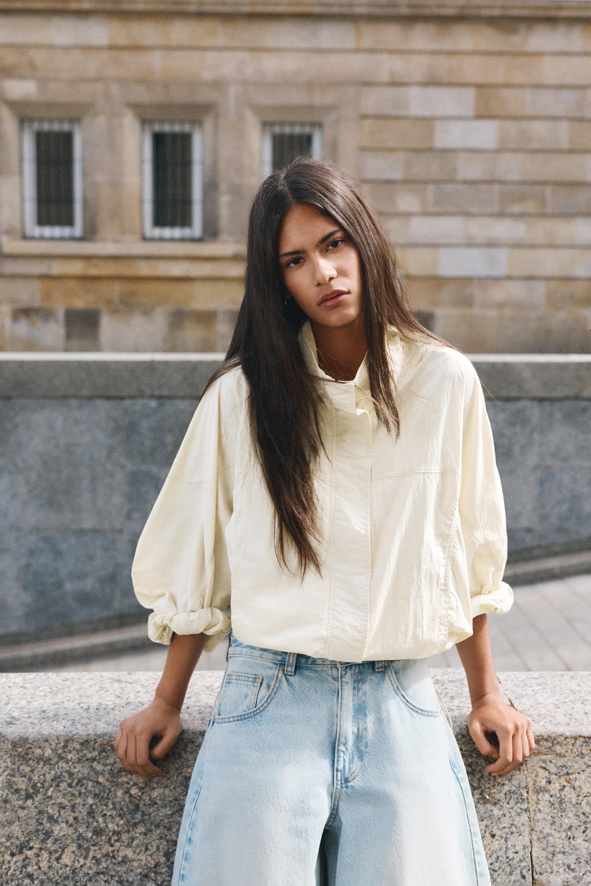 Short nylon-effect jacket — Ecru