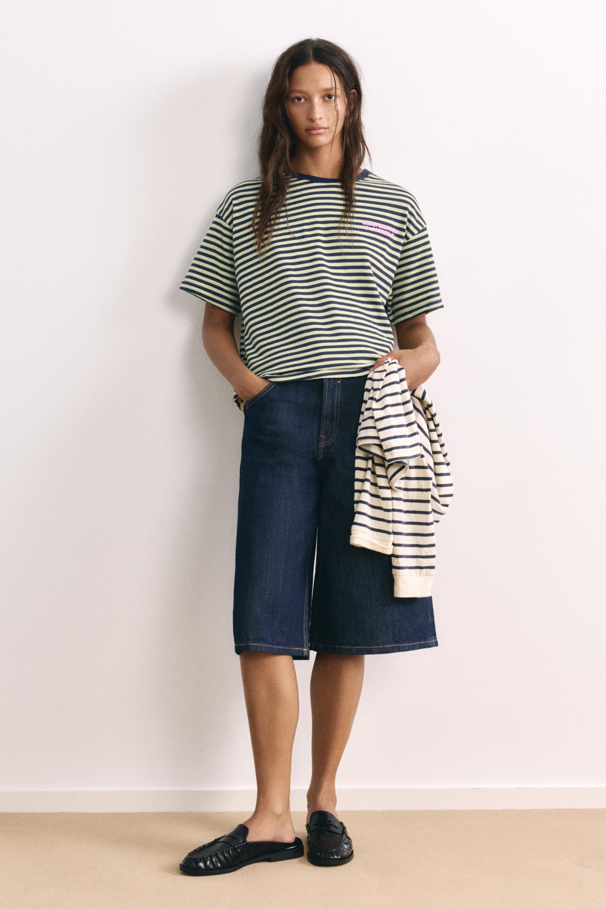 Striped T-shirt with text — Dark navy