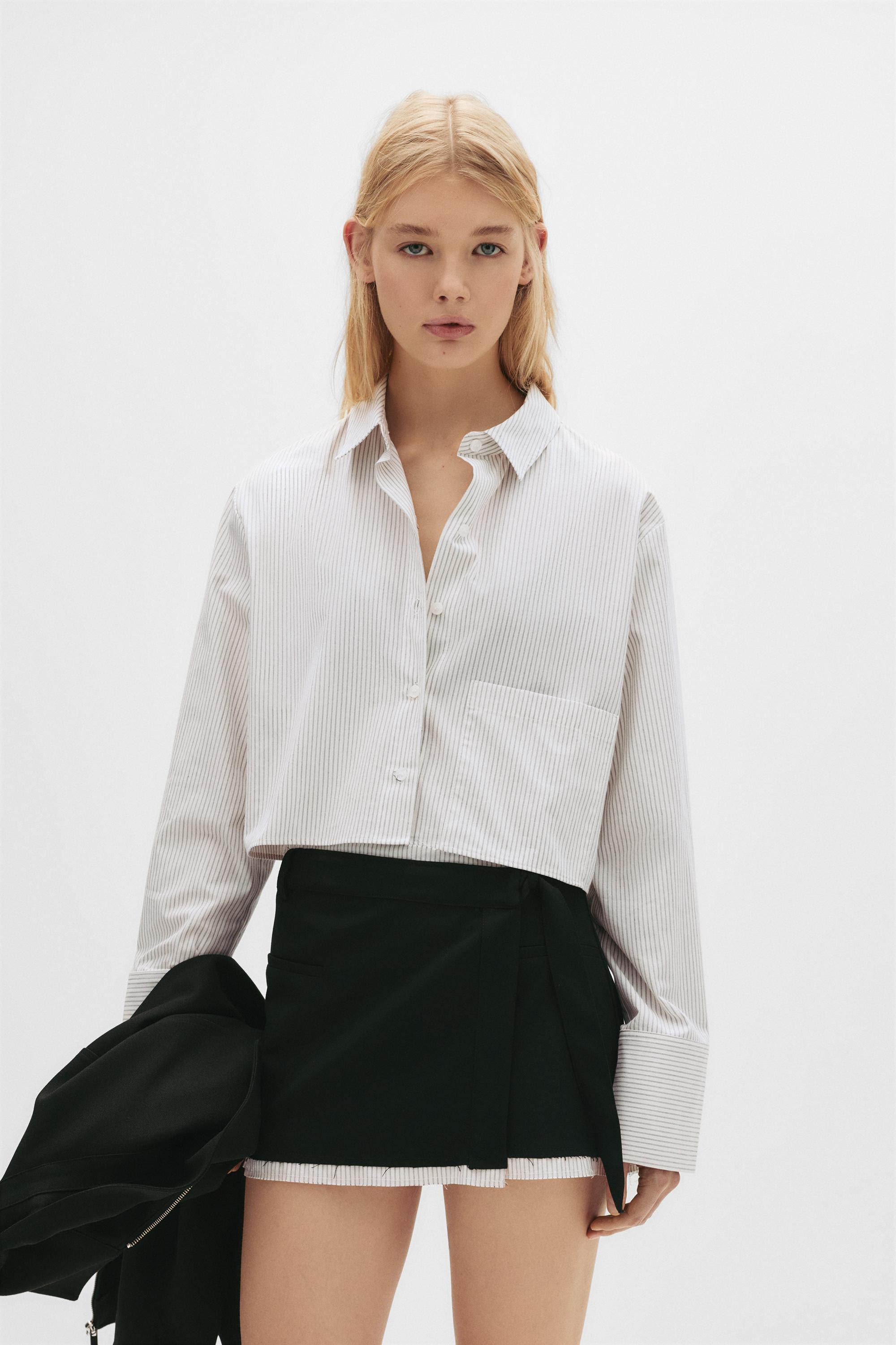 Gestreiftes Cropped-Hemd Mit Tasche