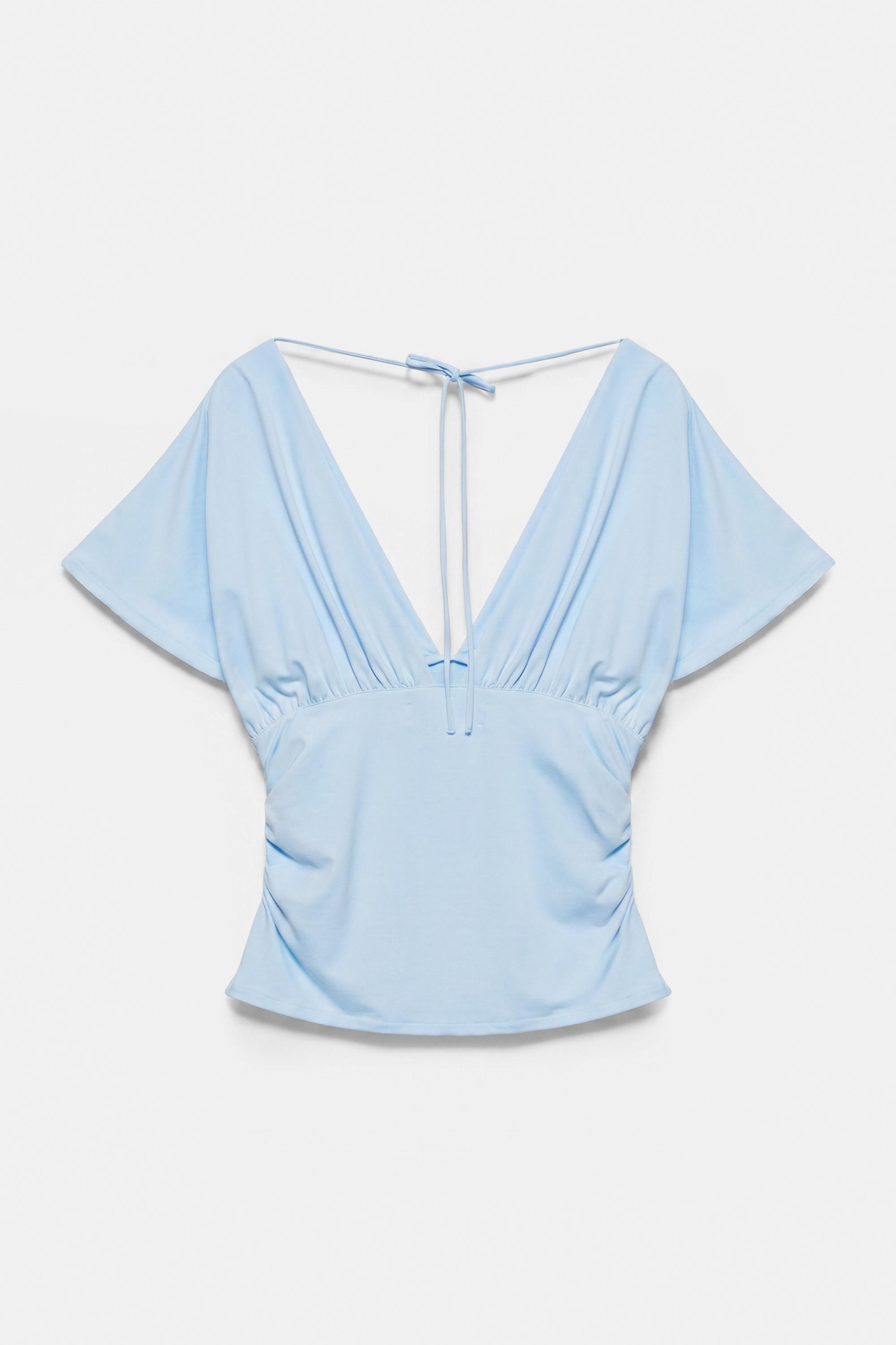 Gathered V-neck top — Pale blue