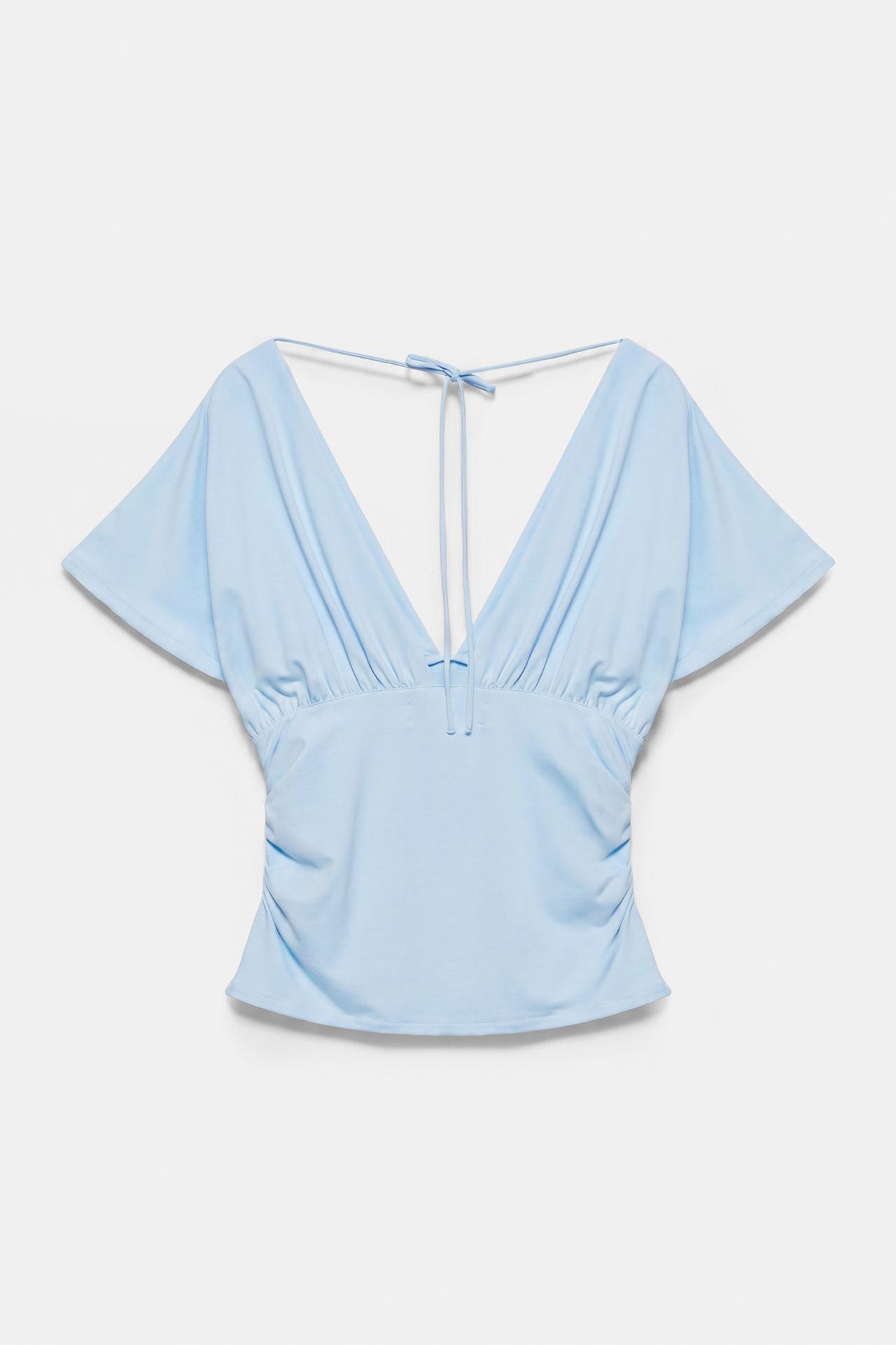 Gathered V-neck top — Pale blue