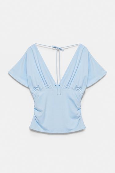Gathered V-neck top — Pale blue 7