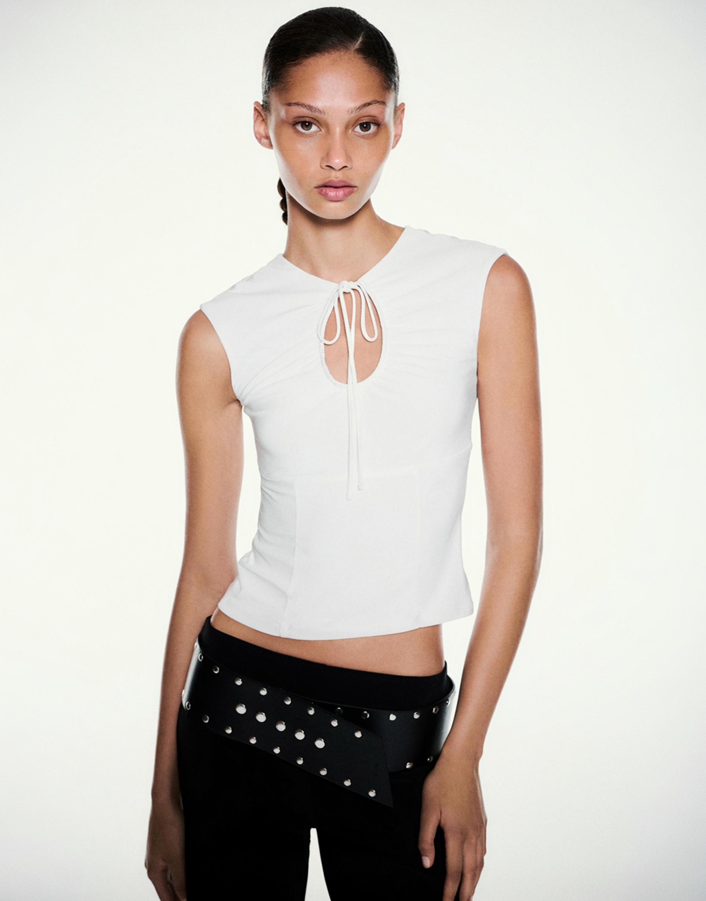 Gathered tie-neck top — Ecru
